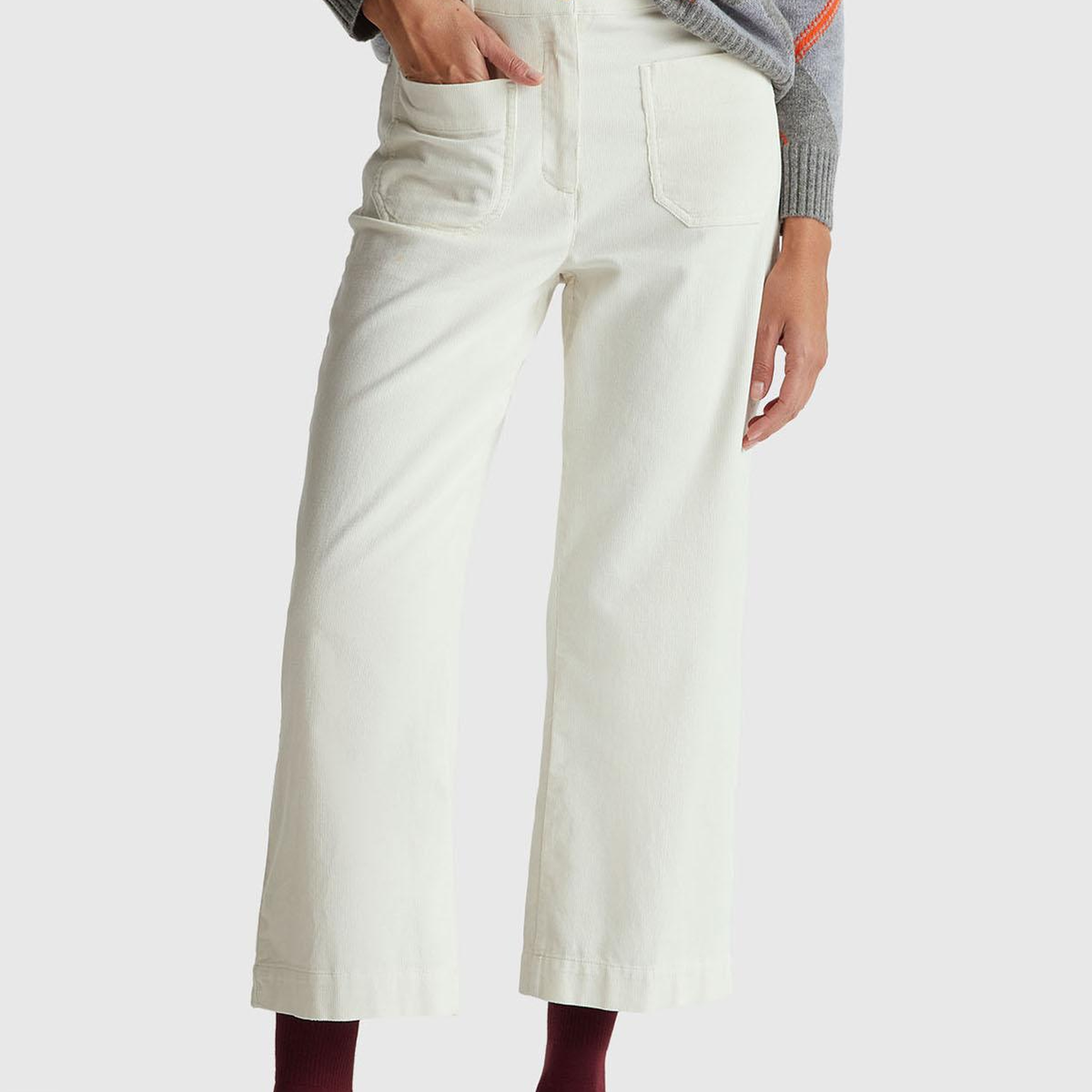 Kadın Krem %100 Pamuk Önü Yama Cepli Düz Paça Pantolon