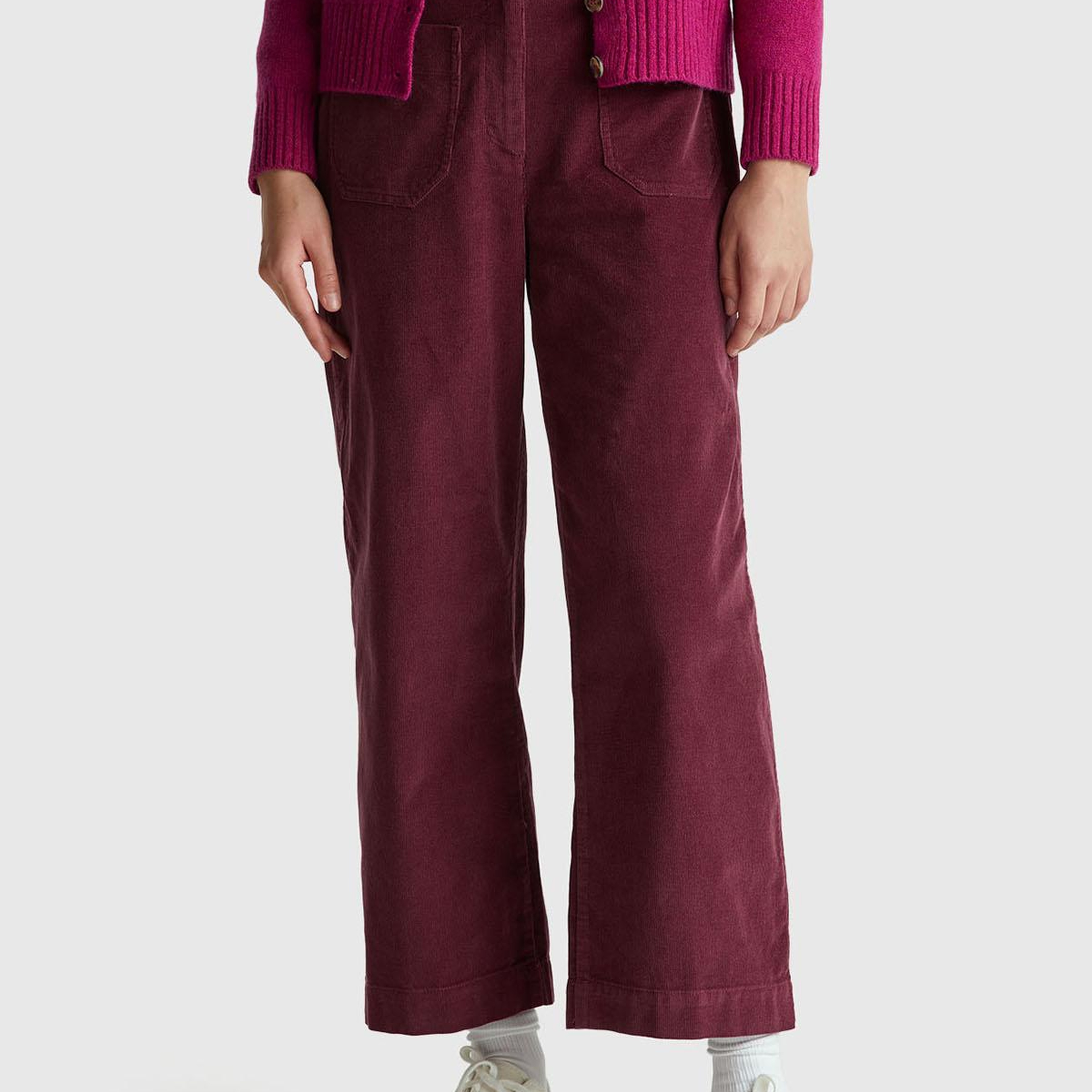 Kadın Mürdüm %100 Pamuk Önü Yama Cepli Düz Paça Pantolon