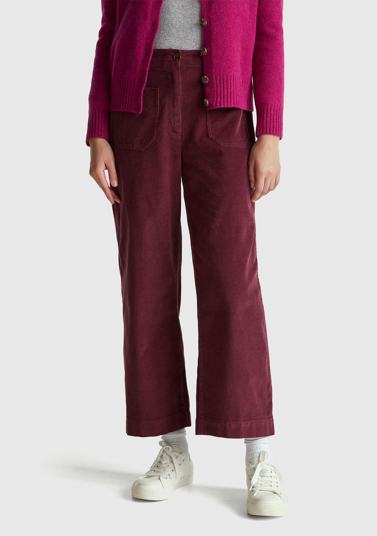 Kadın Mürdüm %100 Pamuk Önü Yama Cepli Düz Paça Pantolon