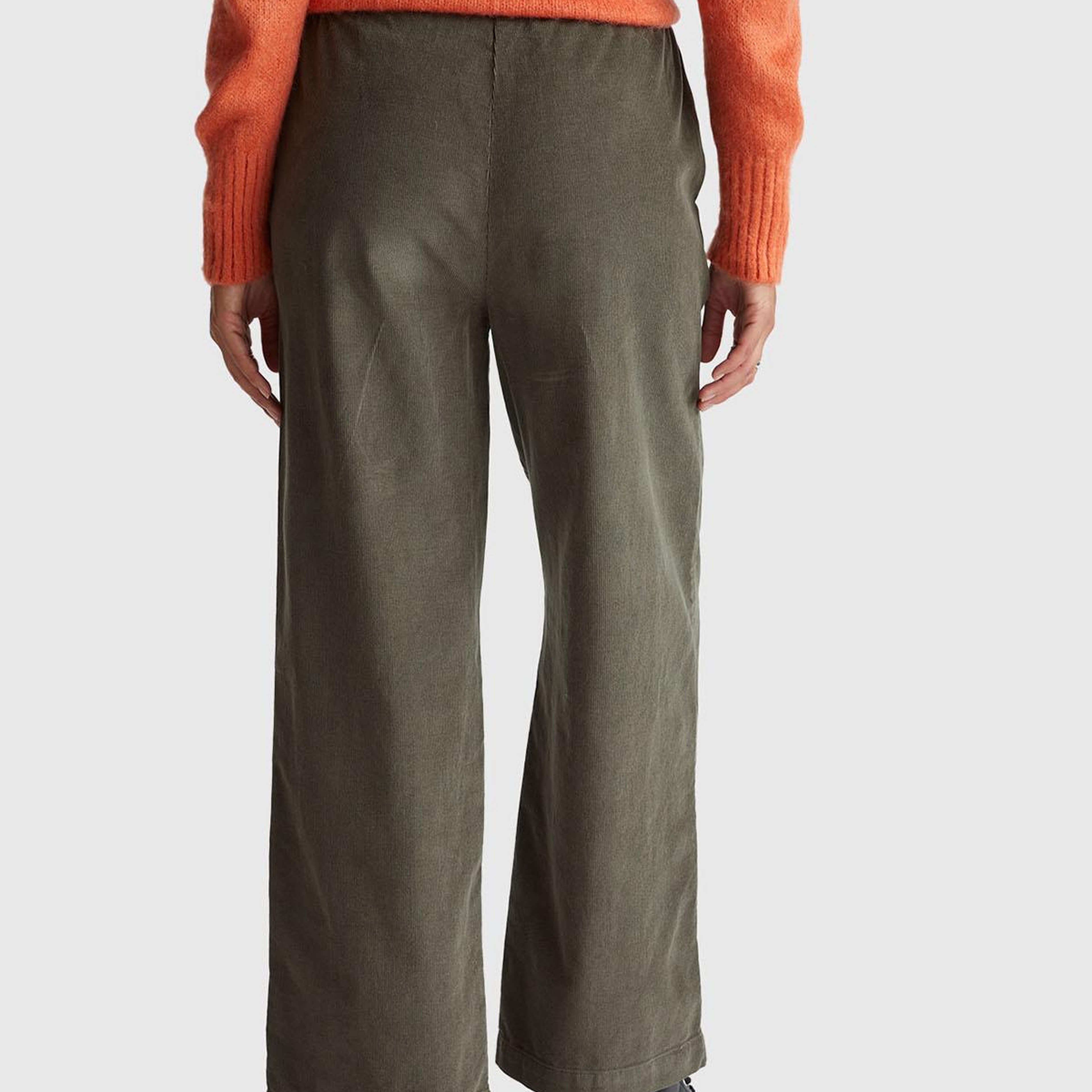 Kadın Haki %100 Pamuk Beli Lastikli Wide Leg Kadife Pantolon