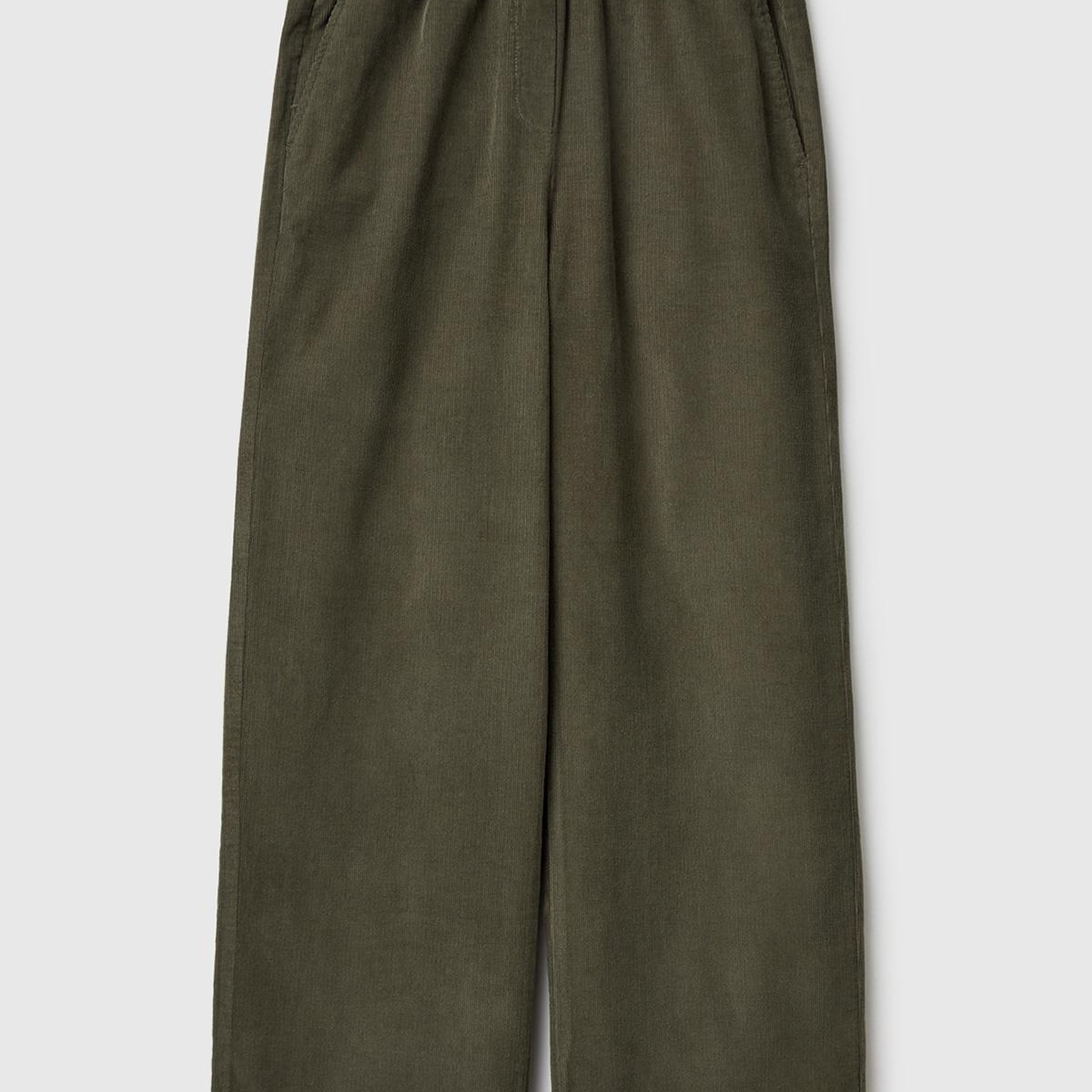 Kadın Haki %100 Pamuk Beli Lastikli Wide Leg Kadife Pantolon