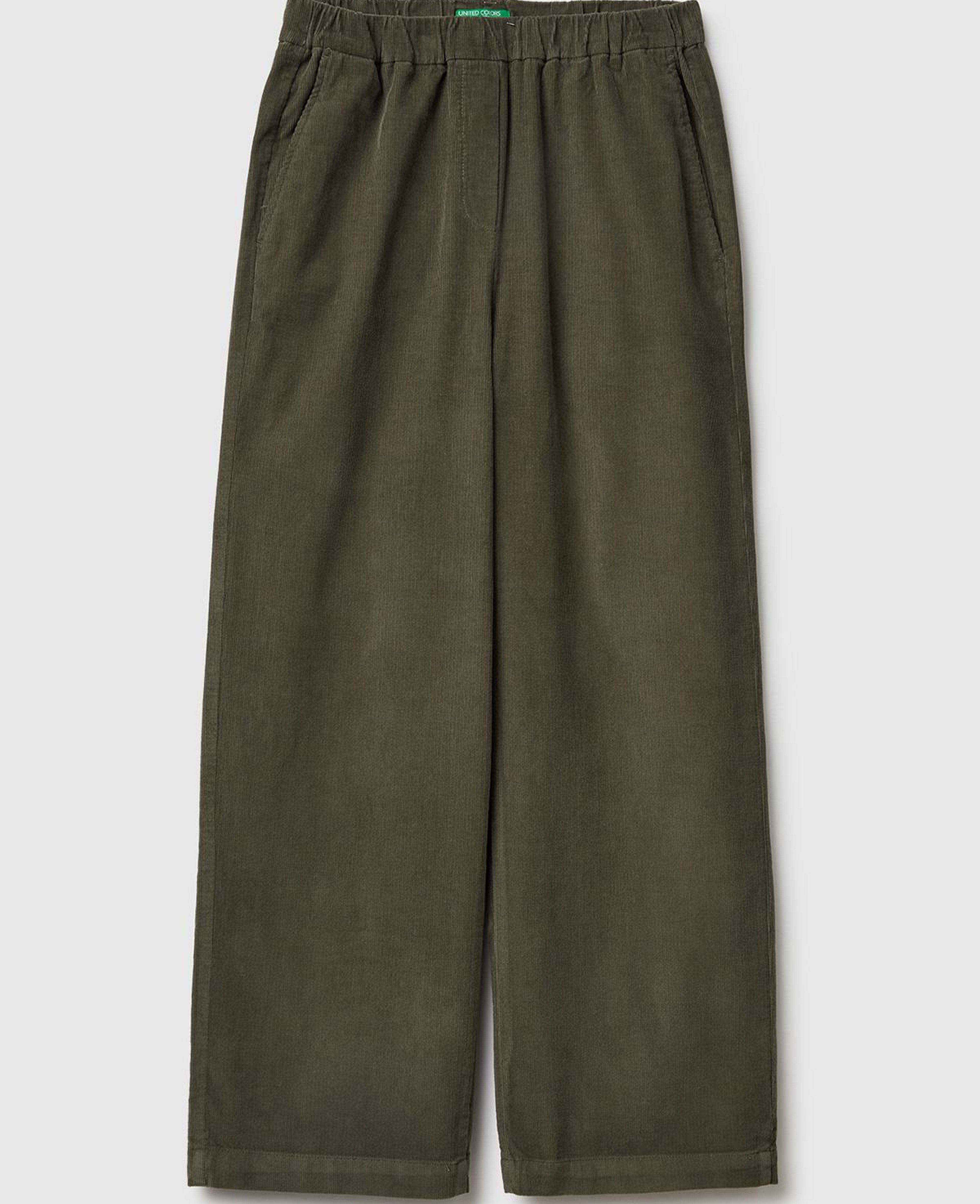 Kadın Haki %100 Pamuk Beli Lastikli Wide Leg Kadife Pantolon