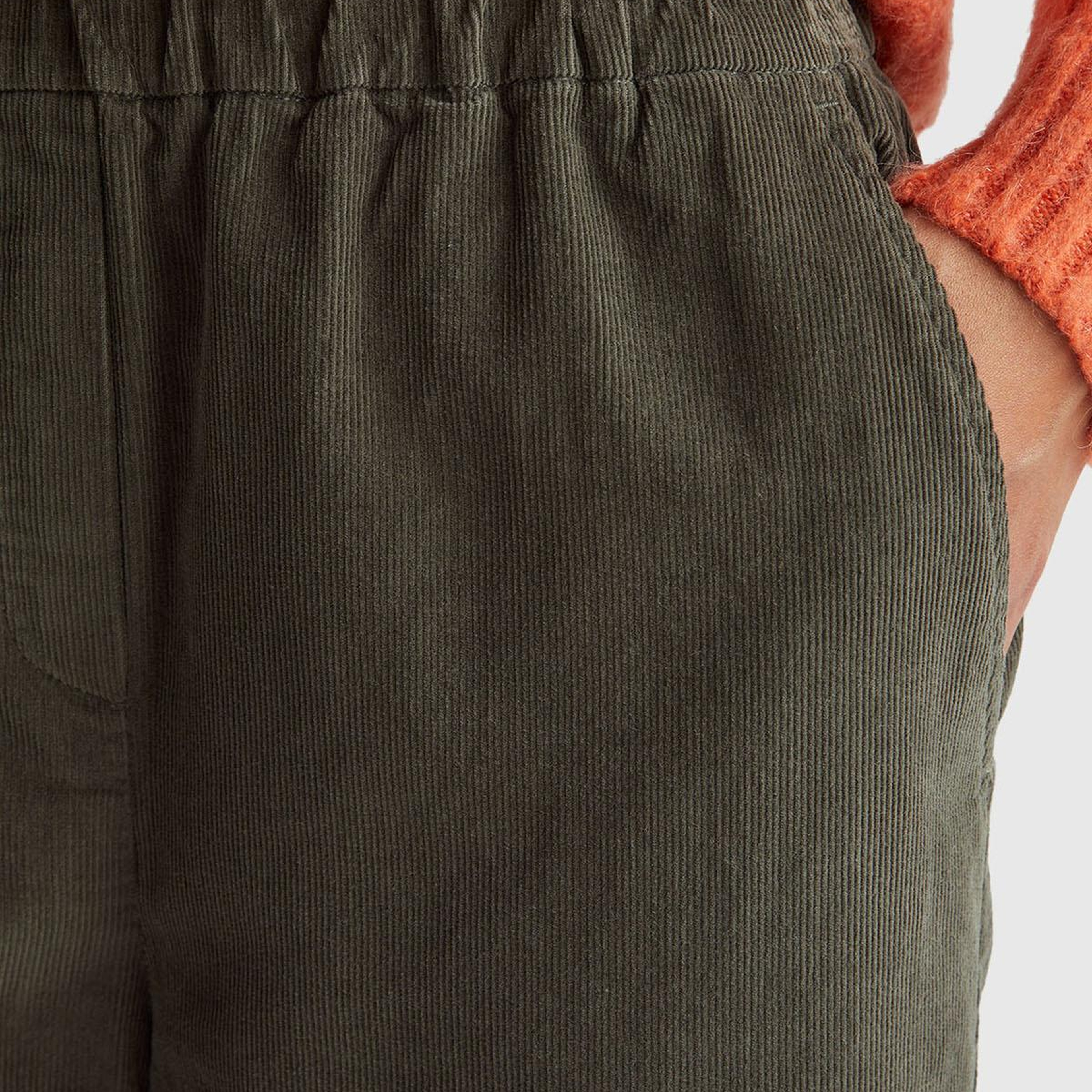 Kadın Haki %100 Pamuk Beli Lastikli Wide Leg Kadife Pantolon