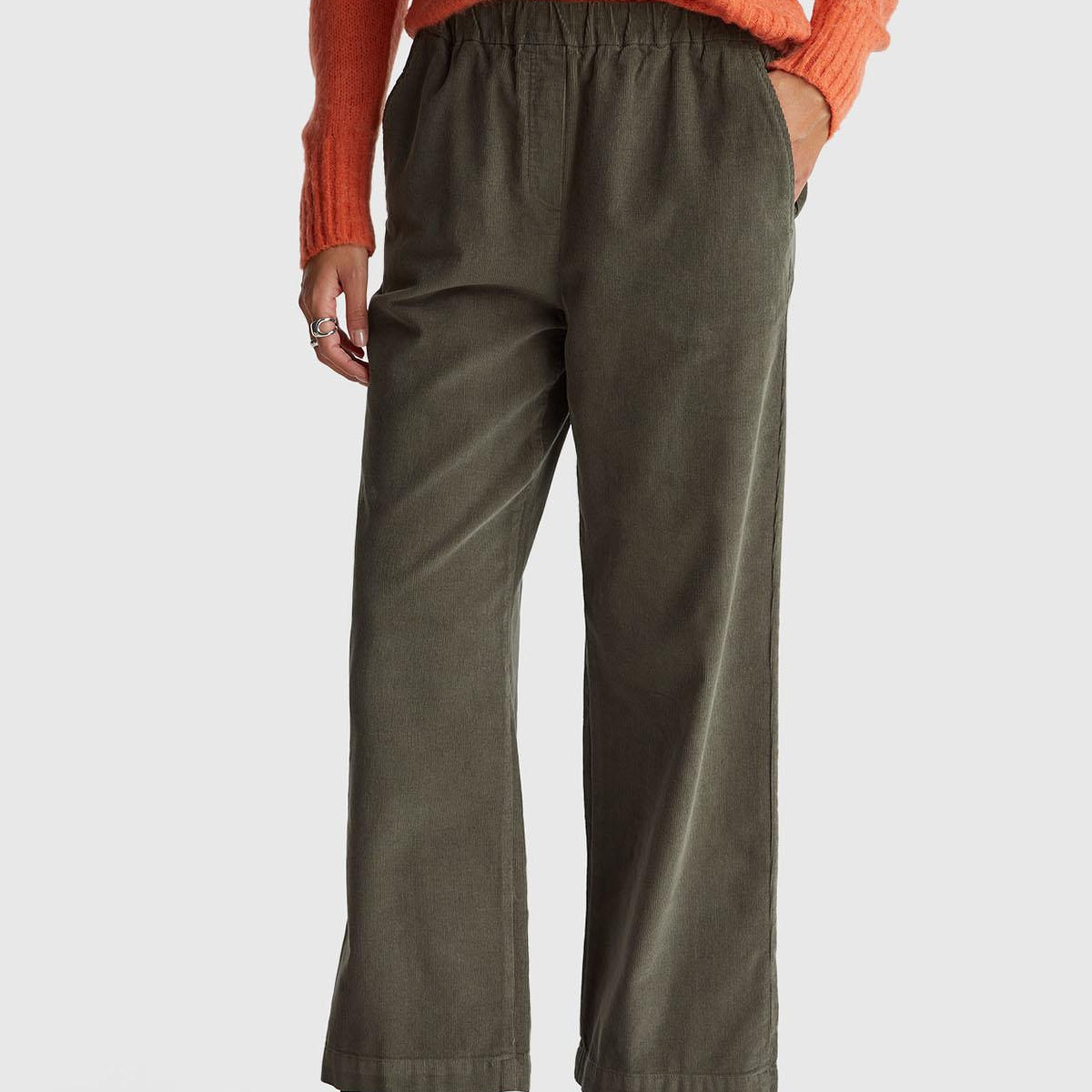 Kadın Haki %100 Pamuk Beli Lastikli Wide Leg Kadife Pantolon