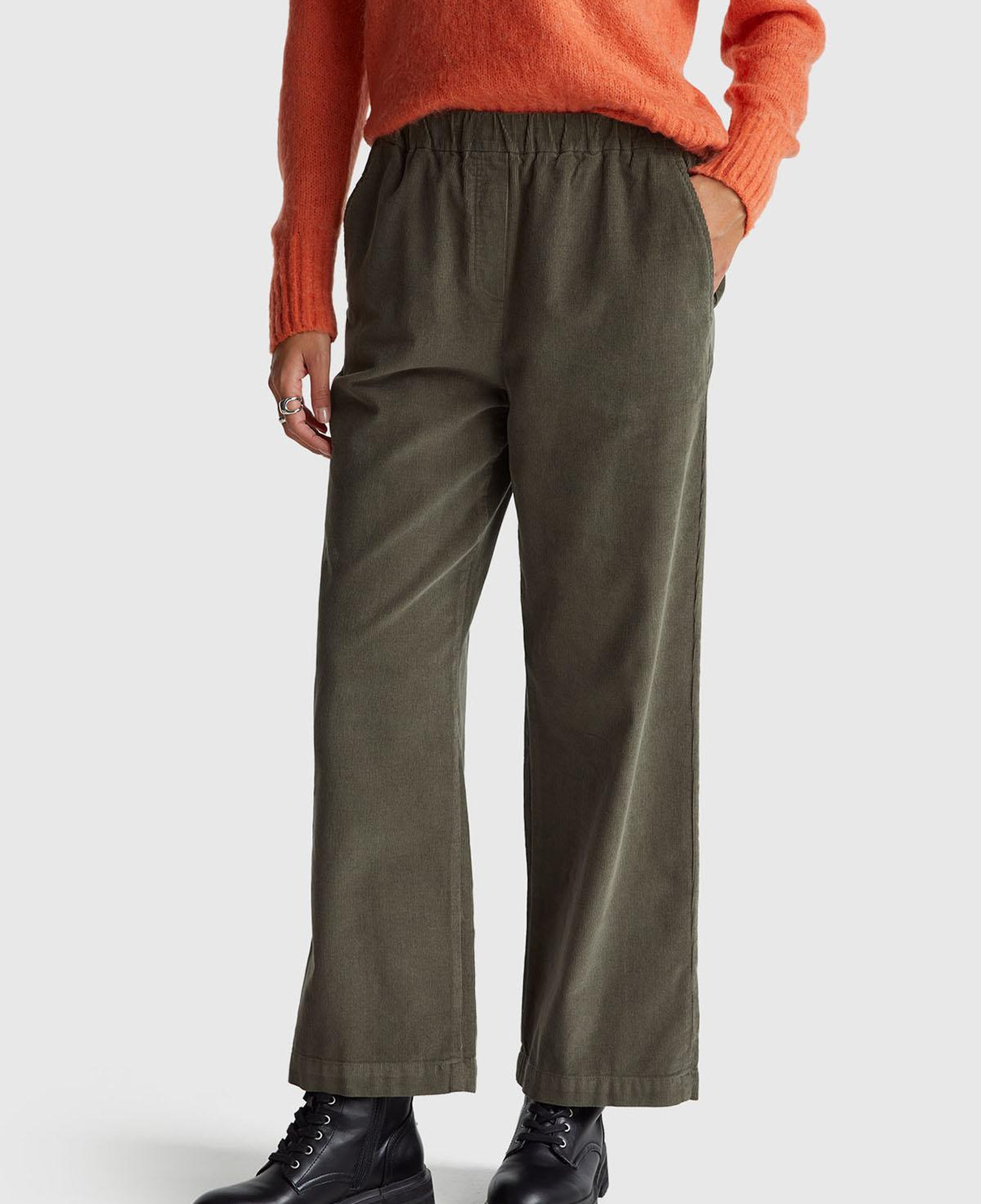 Kadın Haki %100 Pamuk Beli Lastikli Wide Leg Kadife Pantolon