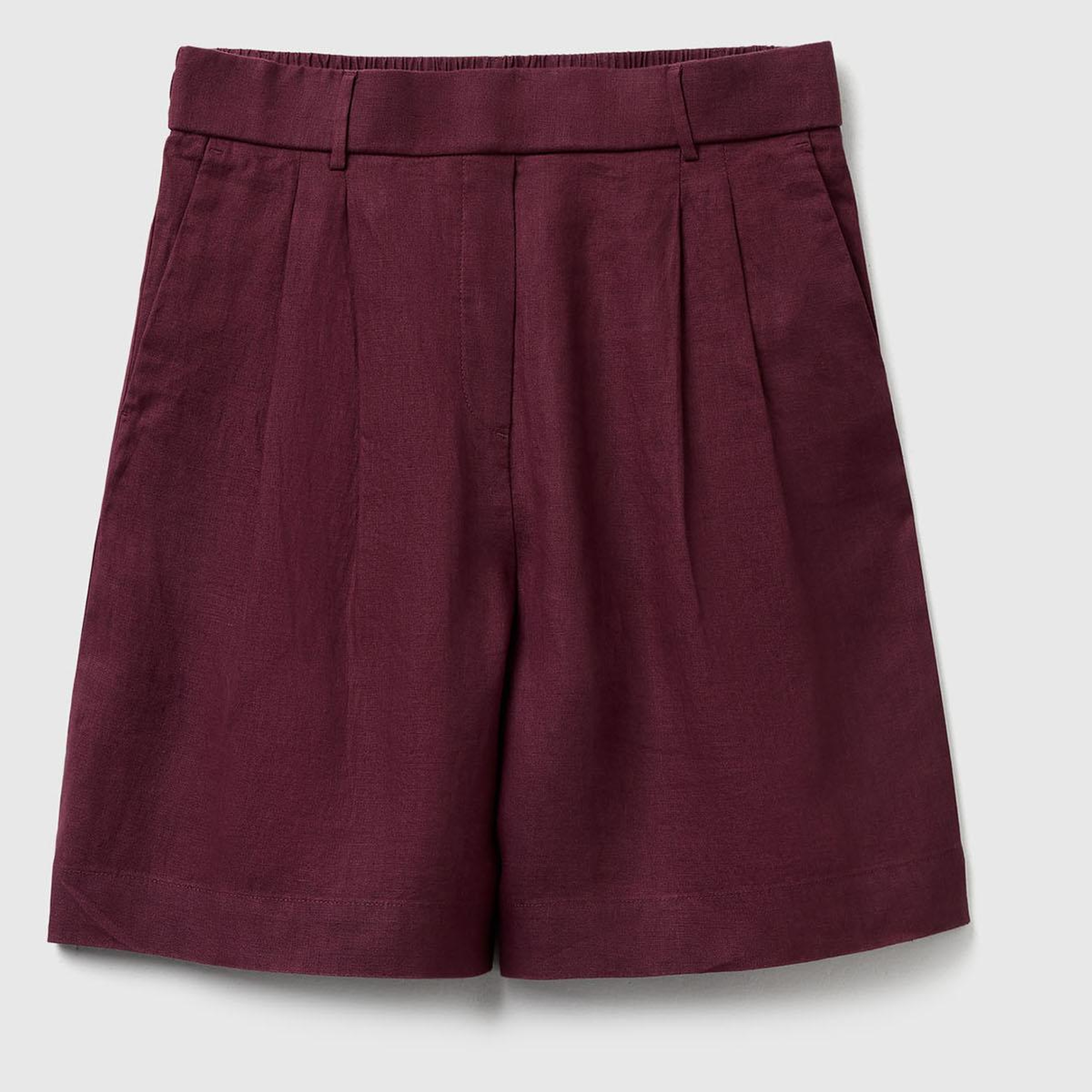 Kadın Mürdüm %100 Keten Arka Beli Lastikli Pileli Relax Fit Bermuda Şort