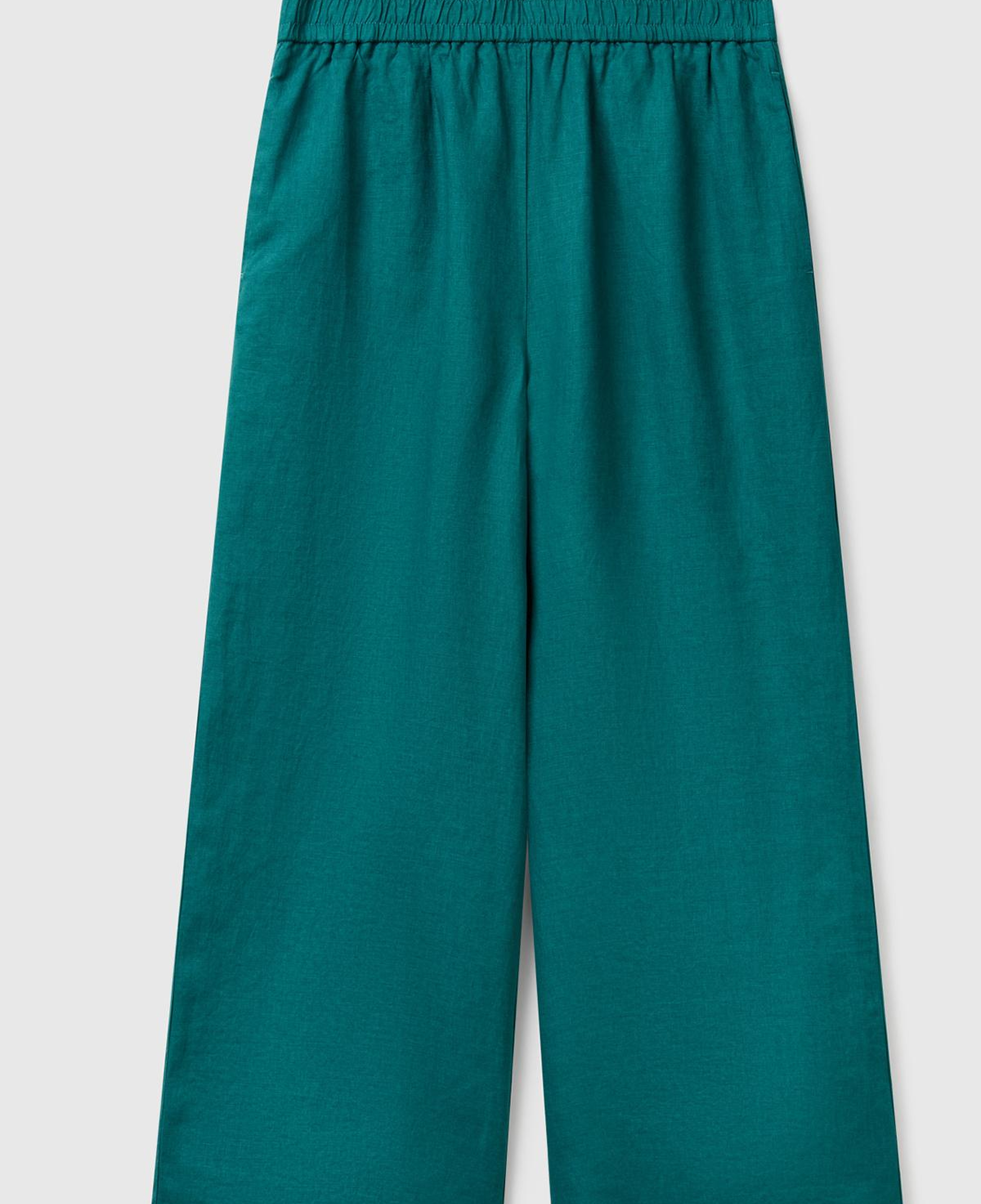 Kadın Koyu Yeşil %100 Keten Beli Lastikli Bol Kısa Paça Pantolon