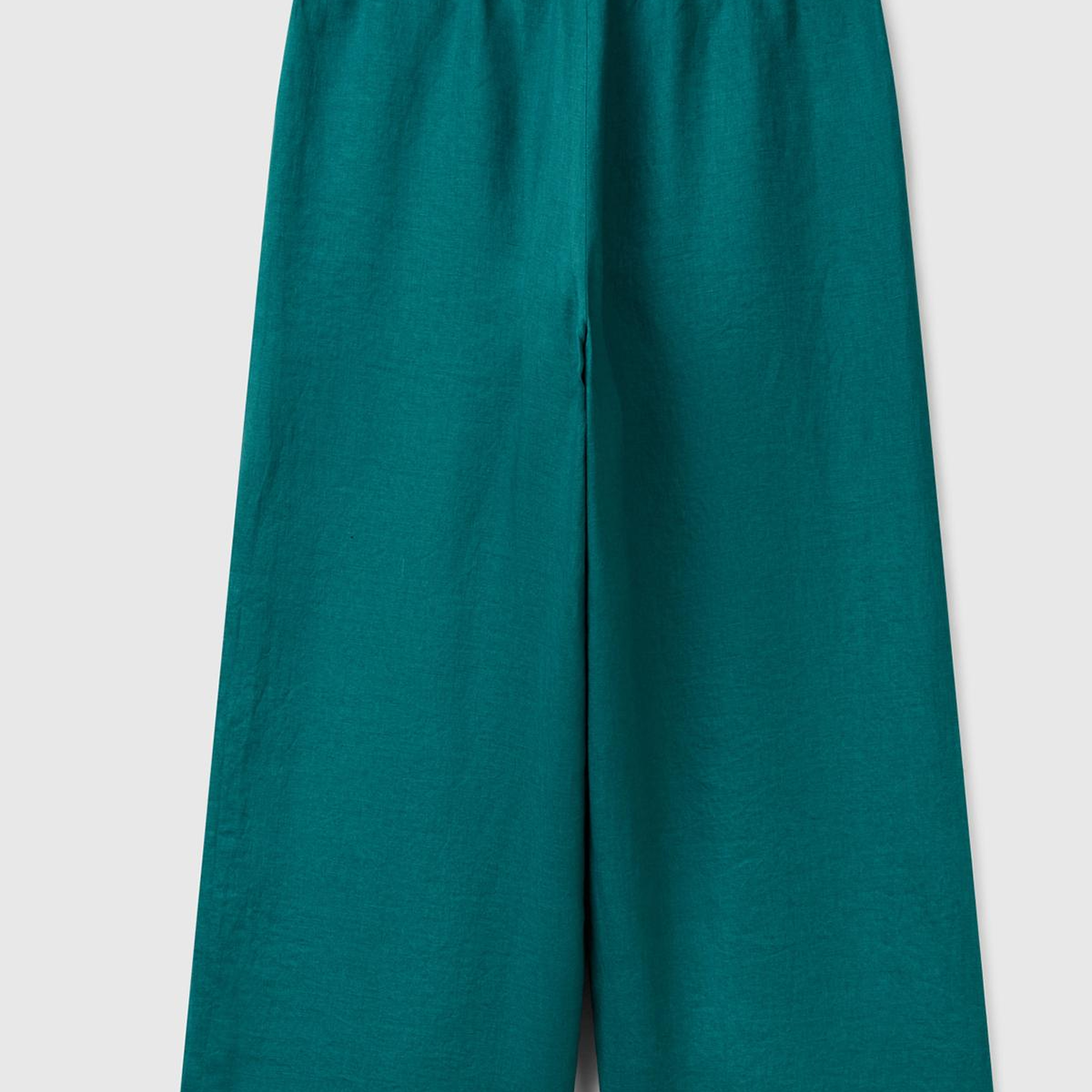 Kadın Koyu Yeşil %100 Keten Beli Lastikli Bol Kısa Paça Pantolon