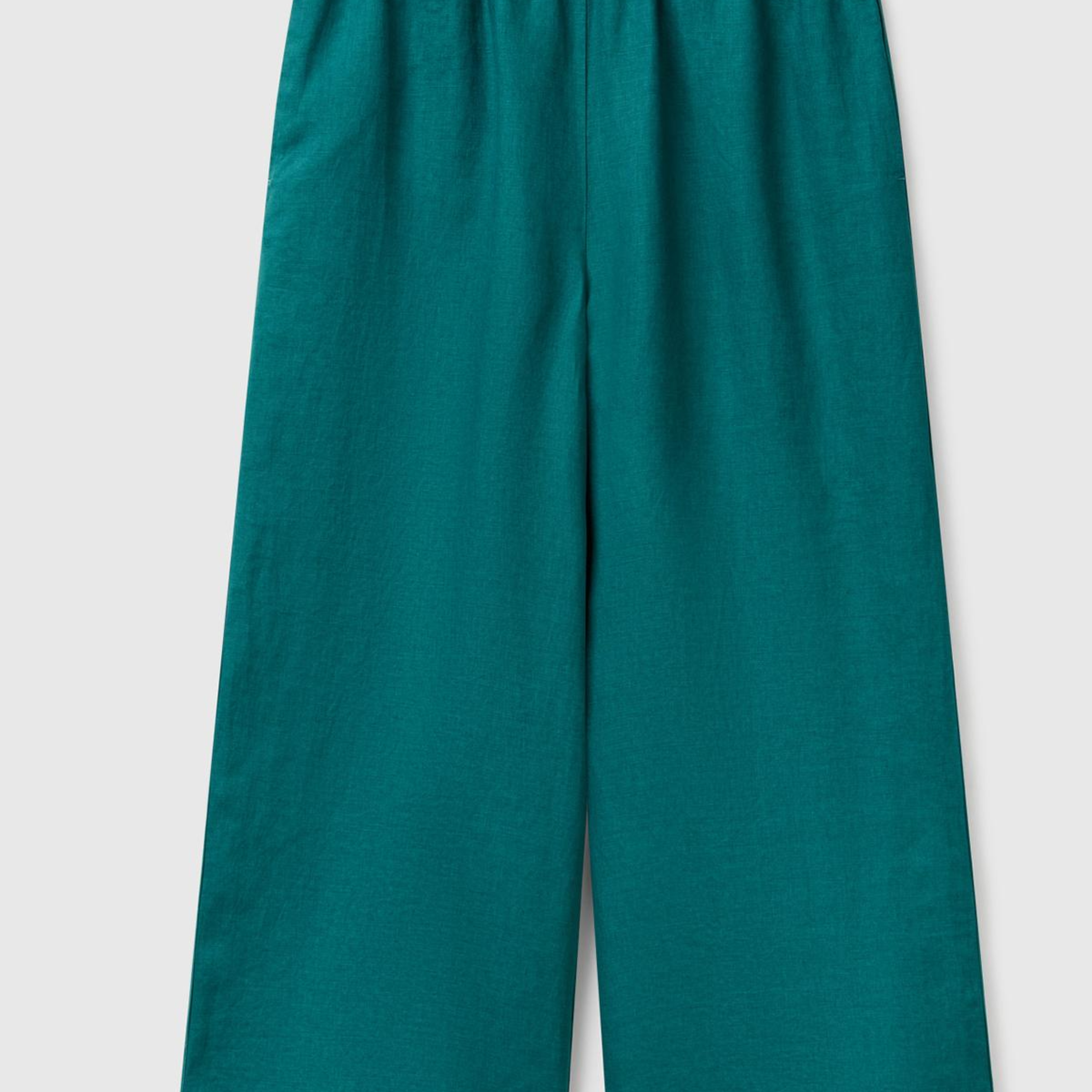 Kadın Koyu Yeşil %100 Keten Beli Lastikli Bol Kısa Paça Pantolon