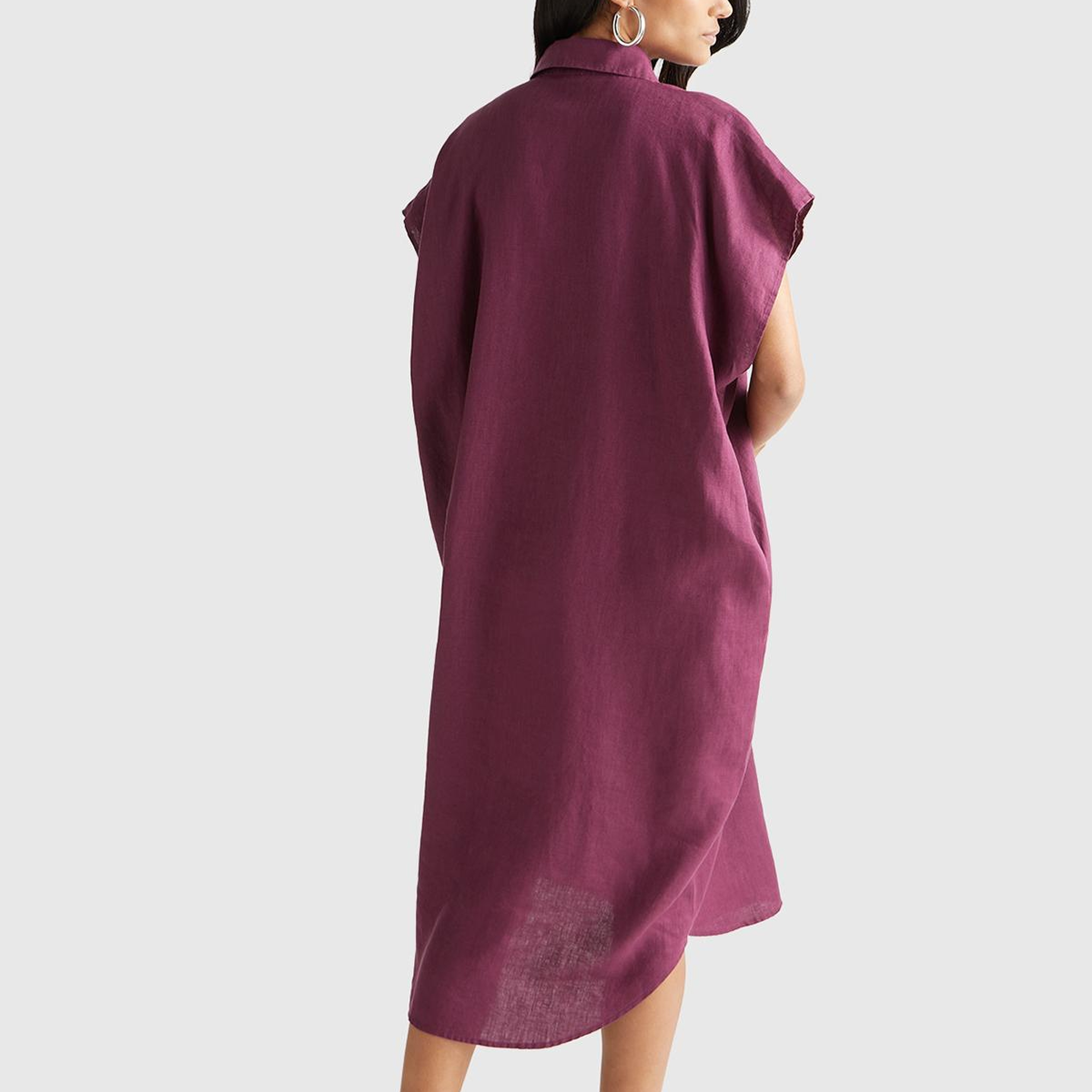 Kadın Mürdüm %100 Keten Önü Düğmeli Gömlek Yaka Kısa Kollu  Maxi Elbise