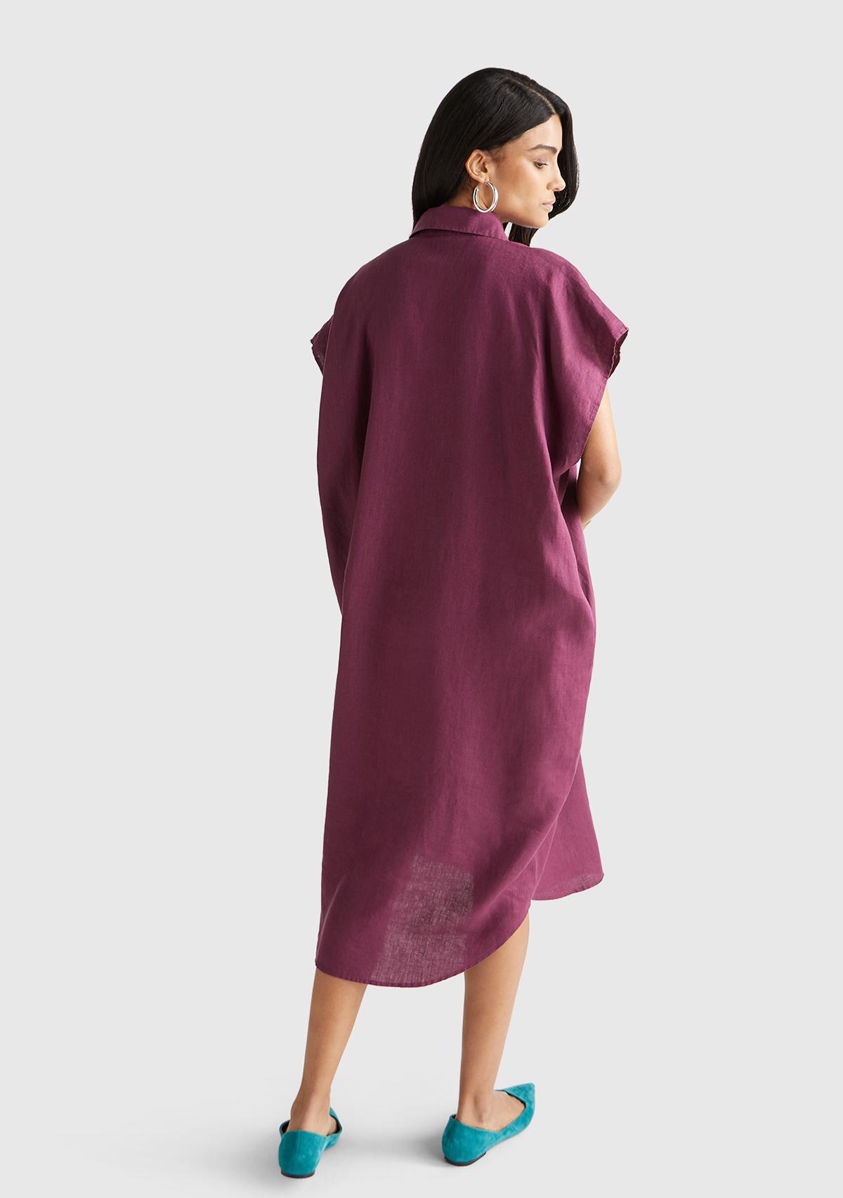 Kadın Mürdüm %100 Keten Önü Düğmeli Gömlek Yaka Kısa Kollu  Maxi Elbise