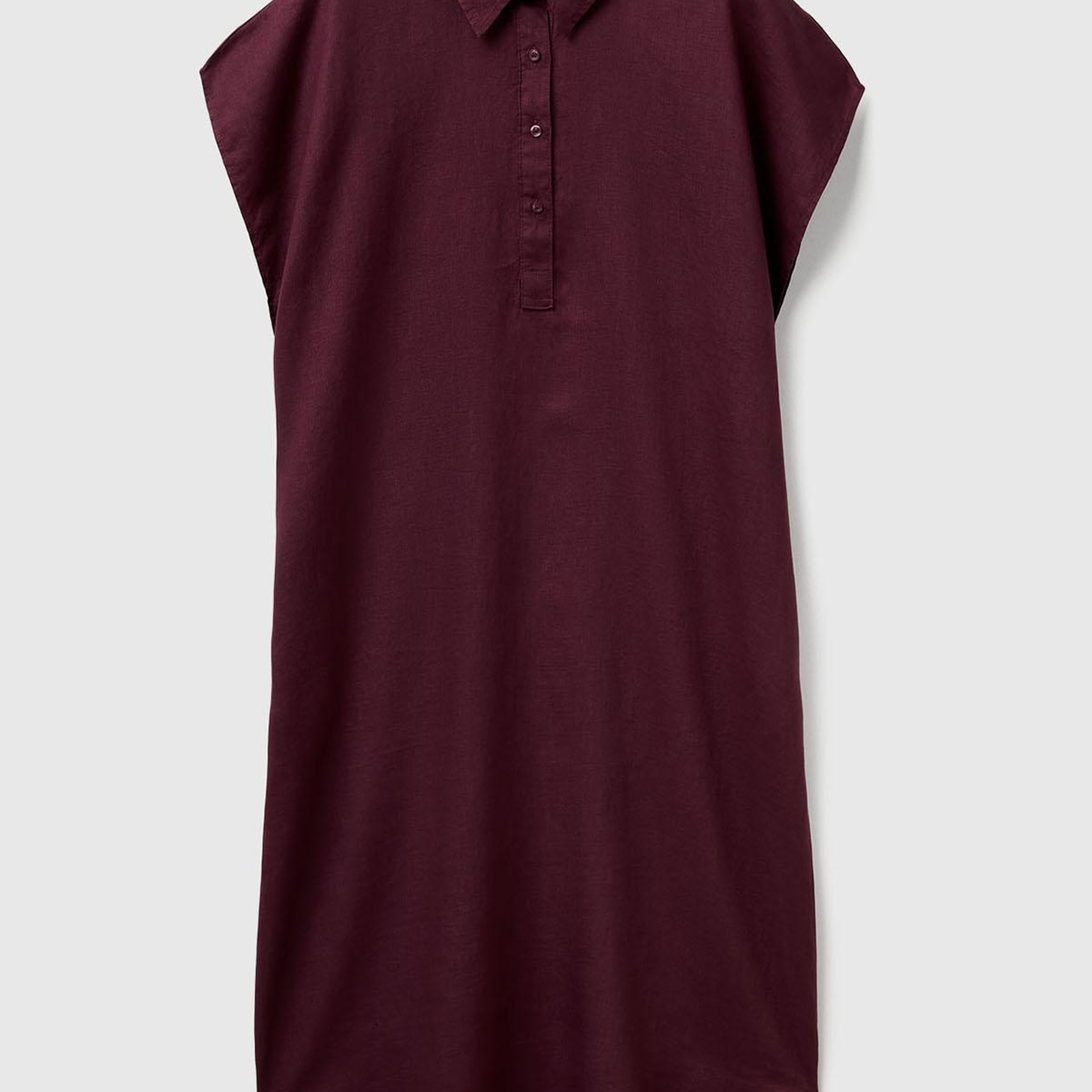 Kadın Mürdüm %100 Keten Önü Düğmeli Gömlek Yaka Kısa Kollu  Maxi Elbise