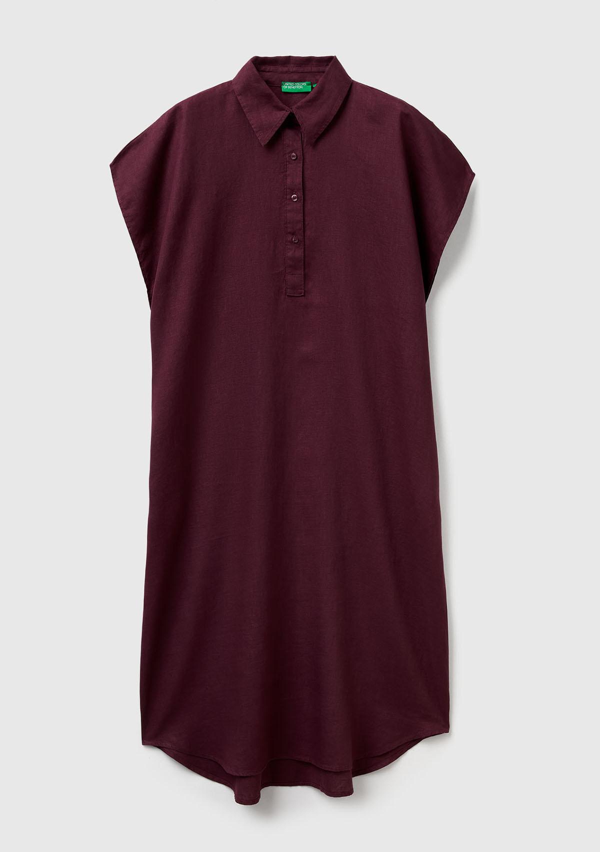 Kadın Mürdüm %100 Keten Önü Düğmeli Gömlek Yaka Kısa Kollu  Maxi Elbise