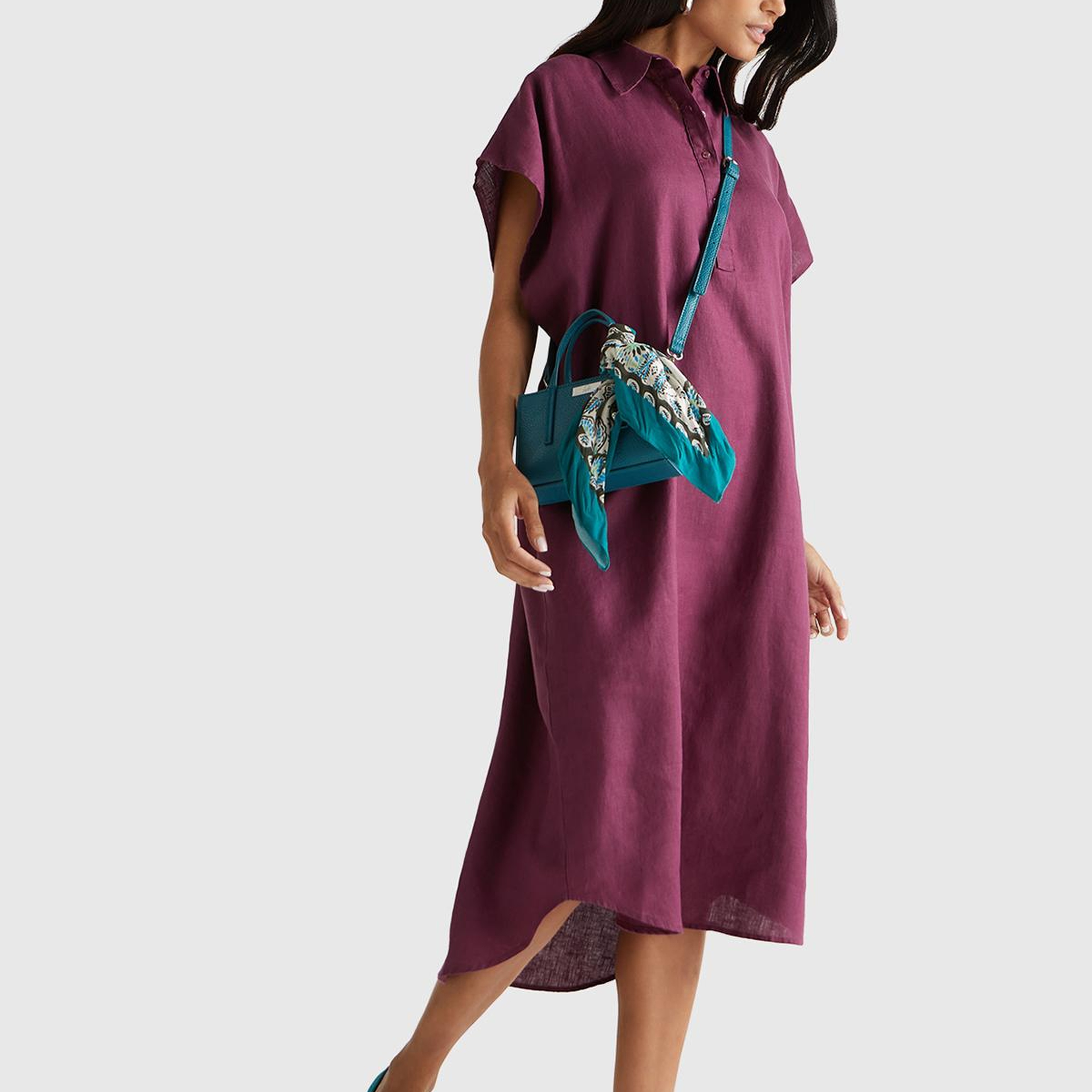 Kadın Mürdüm %100 Keten Önü Düğmeli Gömlek Yaka Kısa Kollu  Maxi Elbise