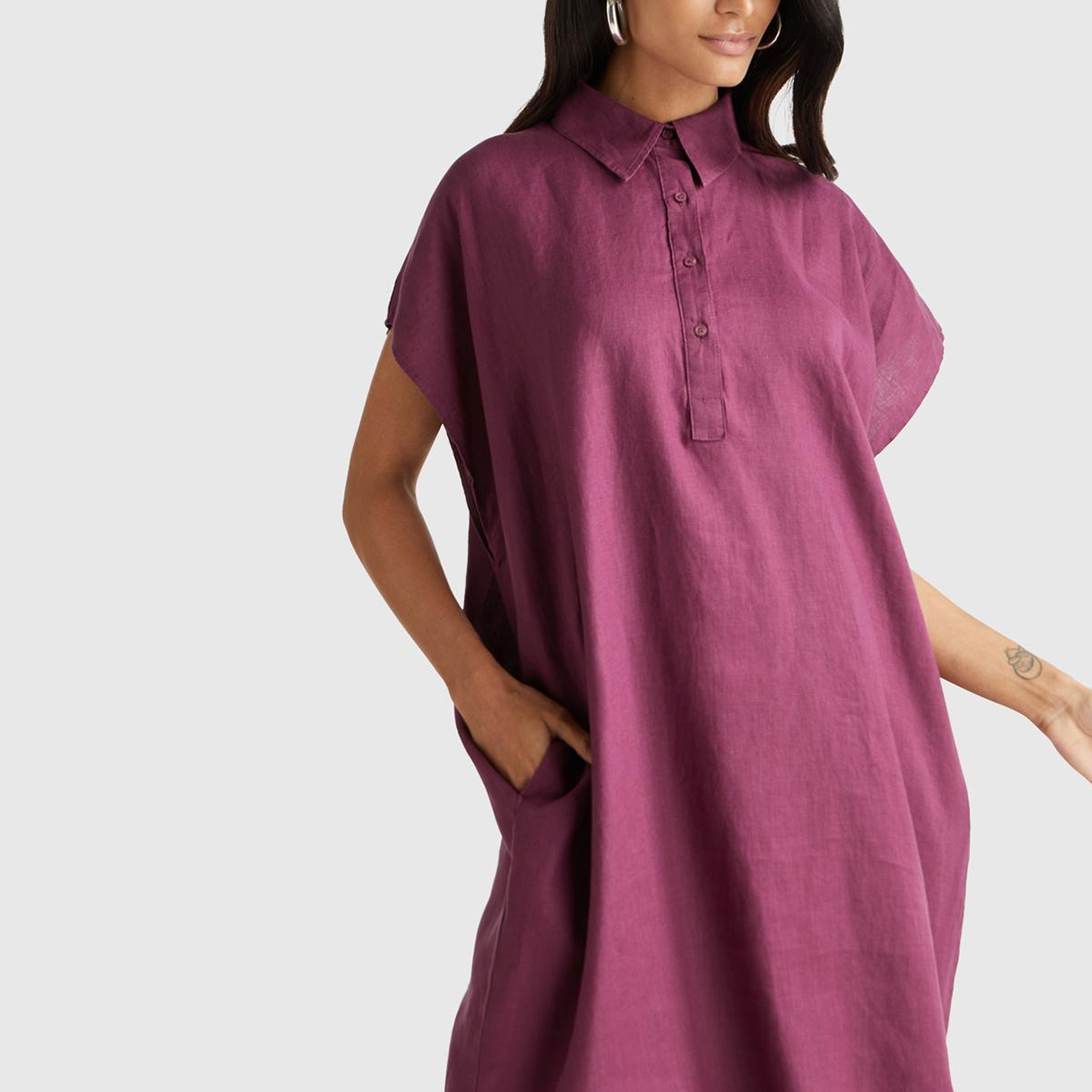 Kadın Mürdüm %100 Keten Önü Düğmeli Gömlek Yaka Kısa Kollu  Maxi Elbise