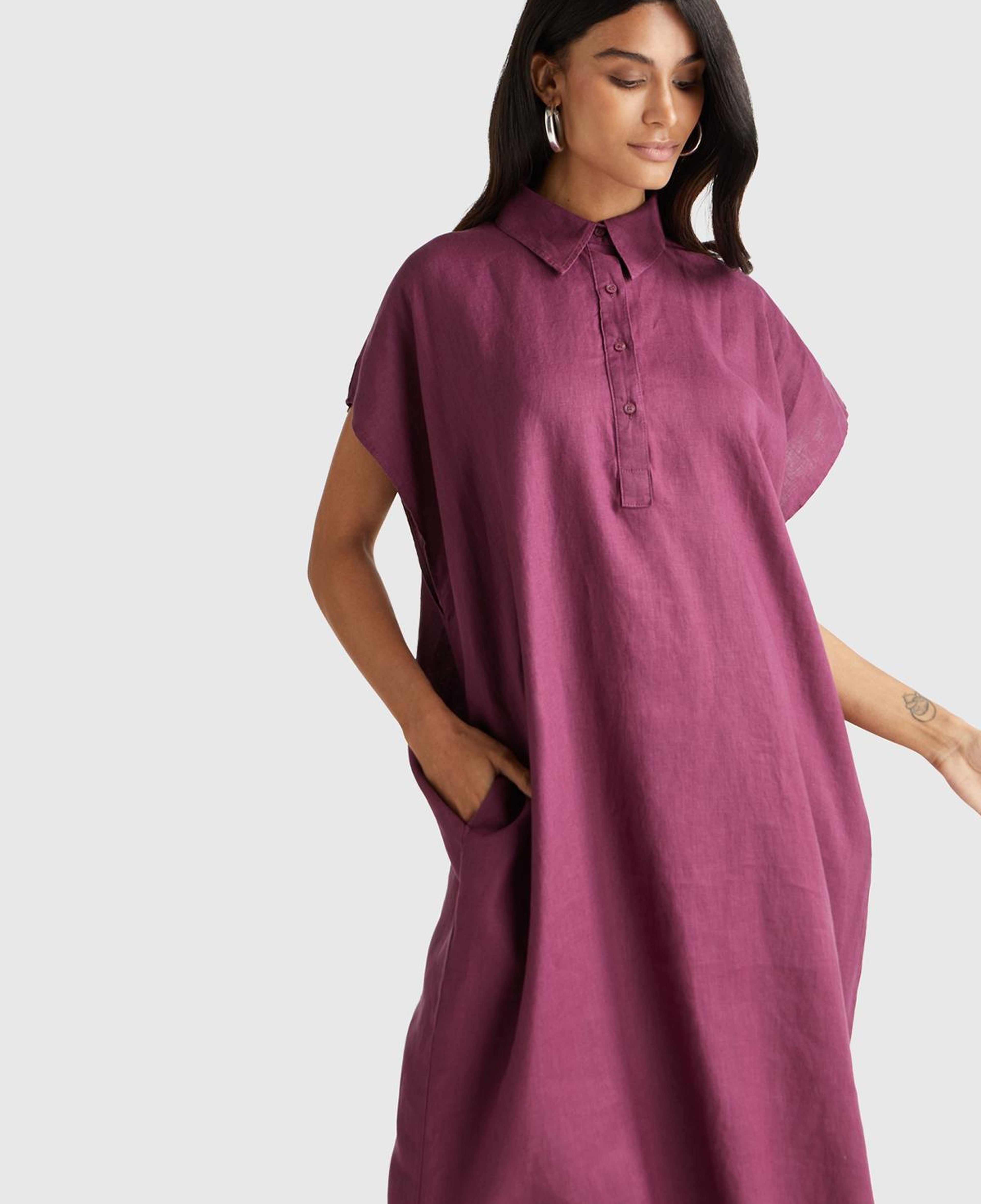 Kadın Mürdüm %100 Keten Önü Düğmeli Gömlek Yaka Kısa Kollu  Maxi Elbise