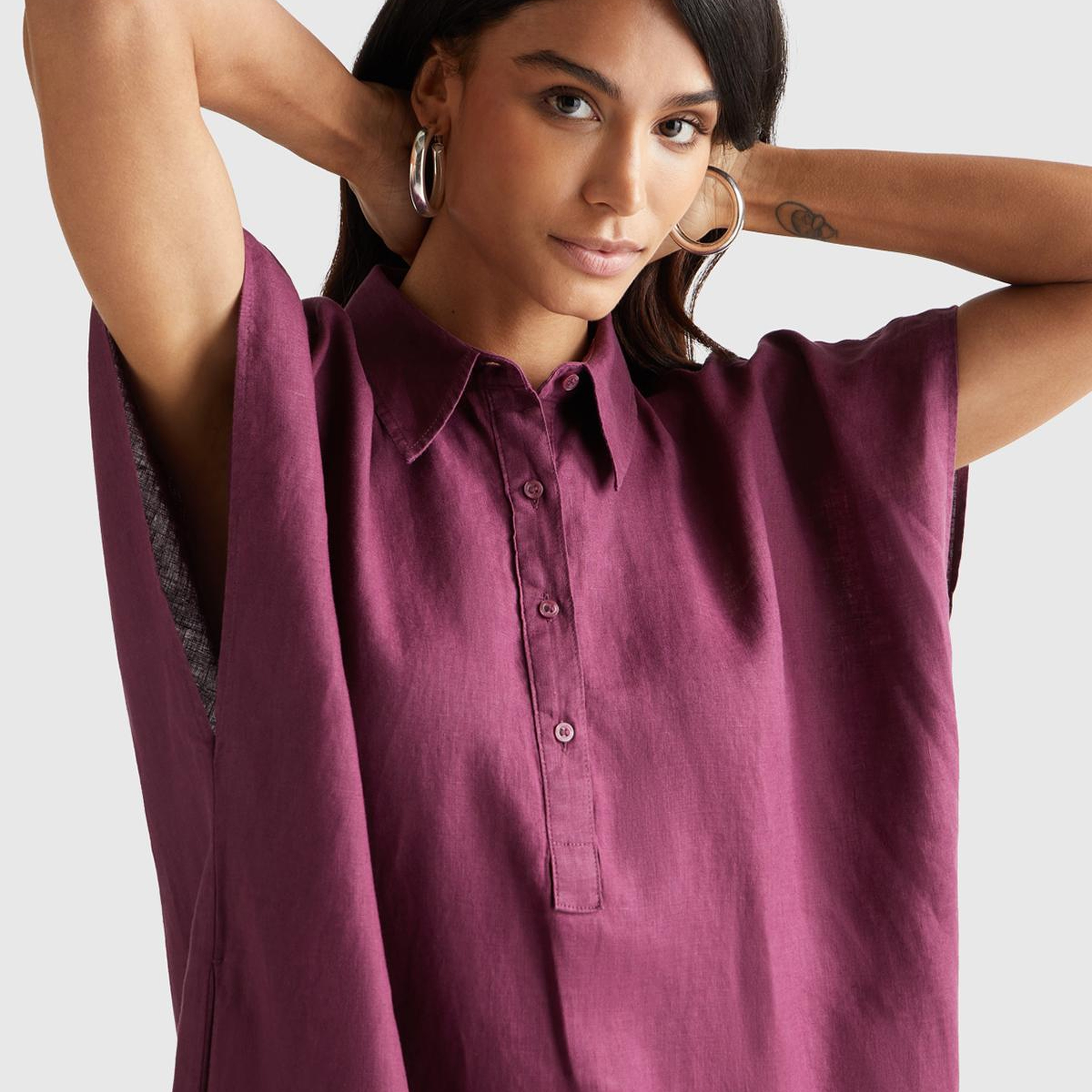 Kadın Mürdüm %100 Keten Önü Düğmeli Gömlek Yaka Kısa Kollu  Maxi Elbise