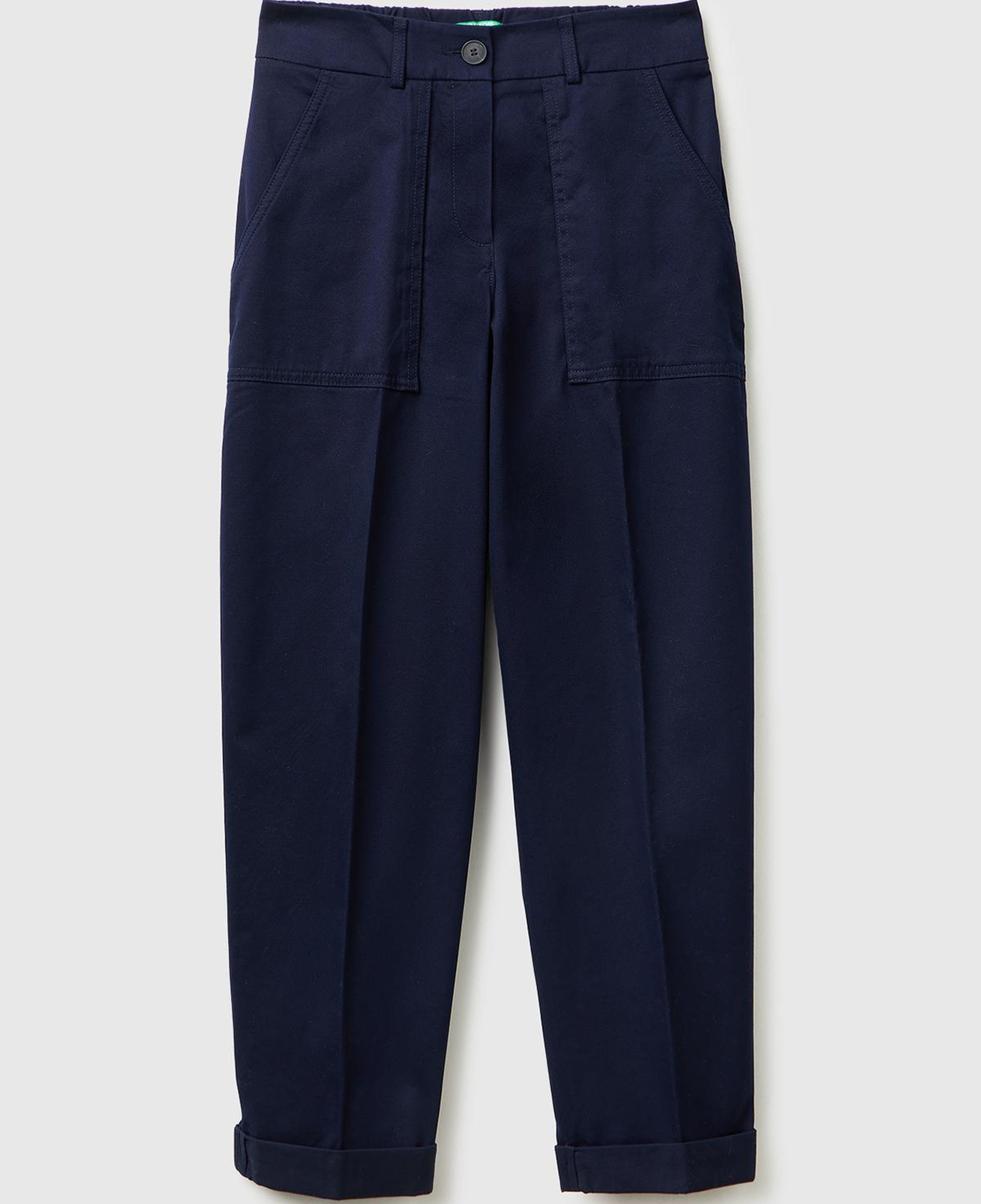 Kadın Lacivert Pamuk Karışımlı Önü Dikiş Detaylı Paçası Kıvrık Pantolon