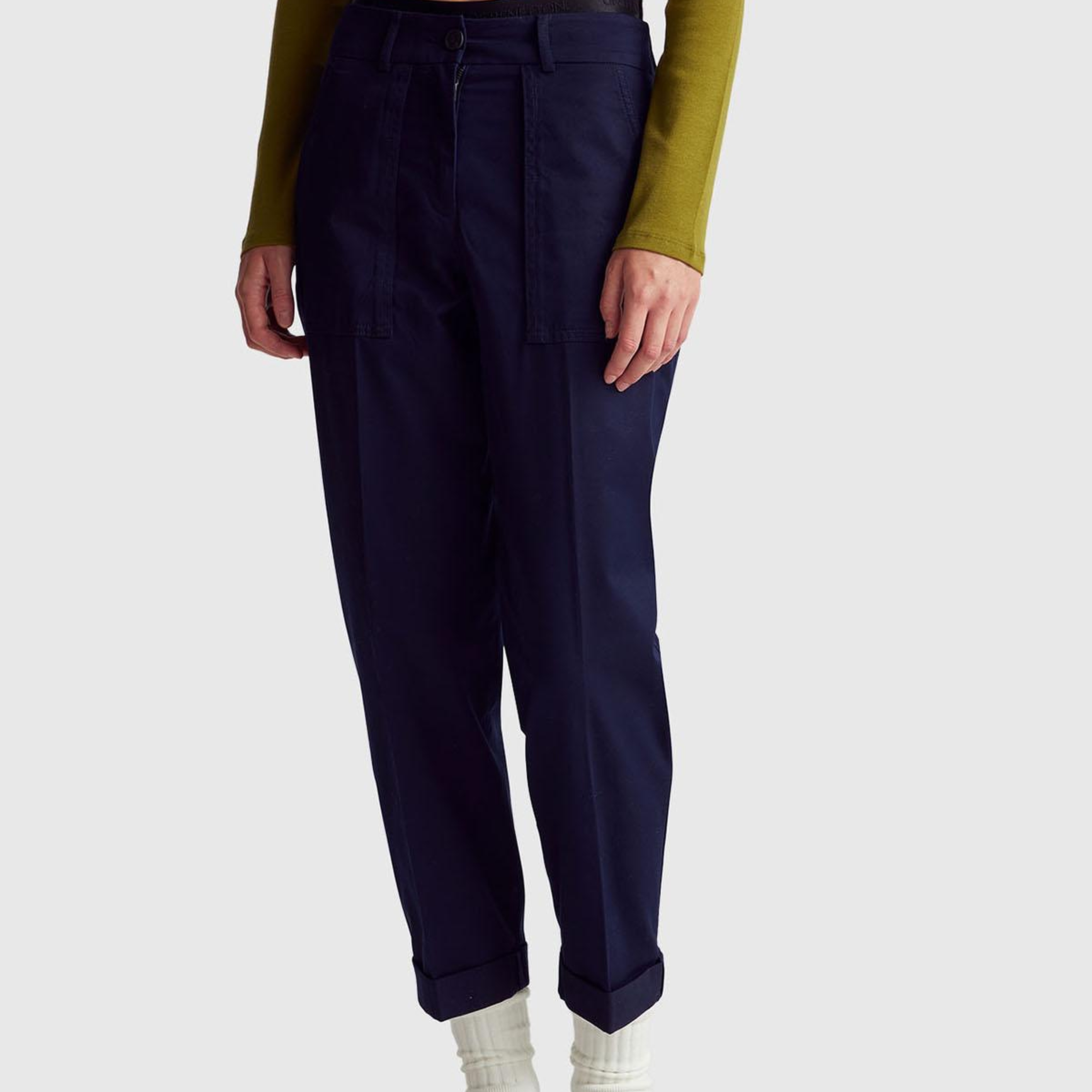 Kadın Lacivert Pamuk Karışımlı Önü Dikiş Detaylı Paçası Kıvrık Pantolon