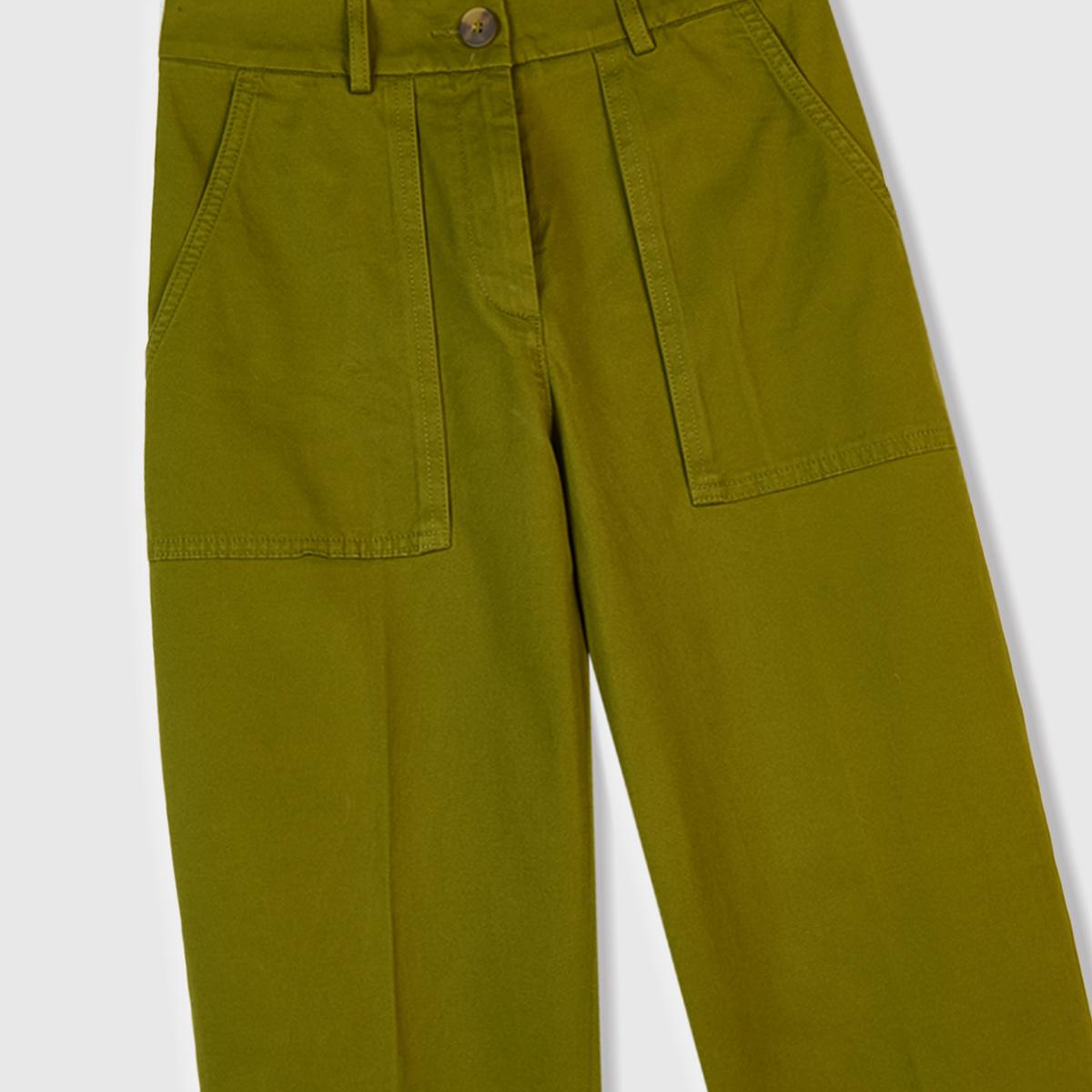 Kadın Haki Yeşili Pamuk Karışımlı Önü Dikiş Detaylı Paçası Kıvrık Pantolon