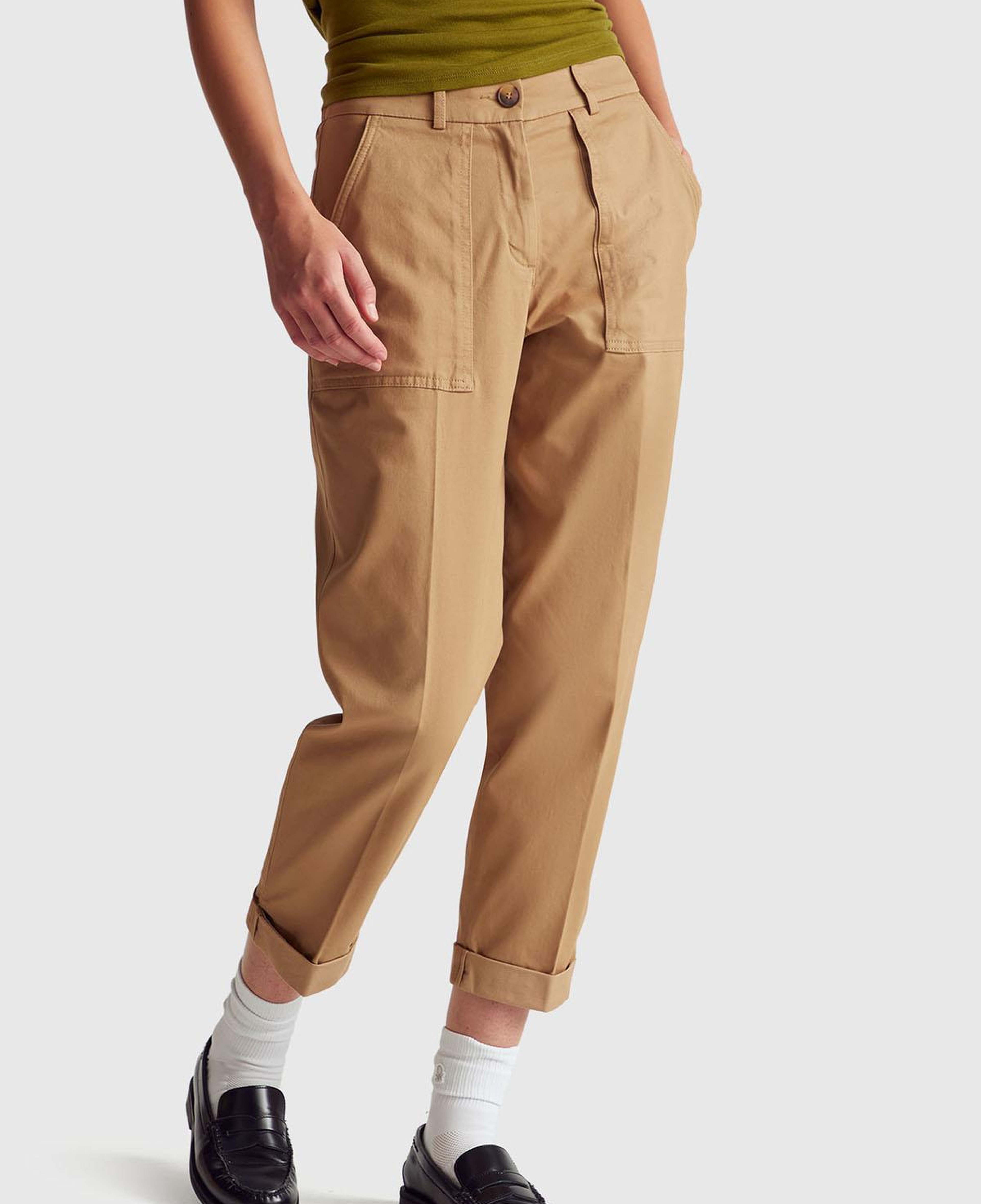 Kadın Taba Pamuk Karışımlı Önü Dikiş Detaylı Paçası Kıvrık Pantolon