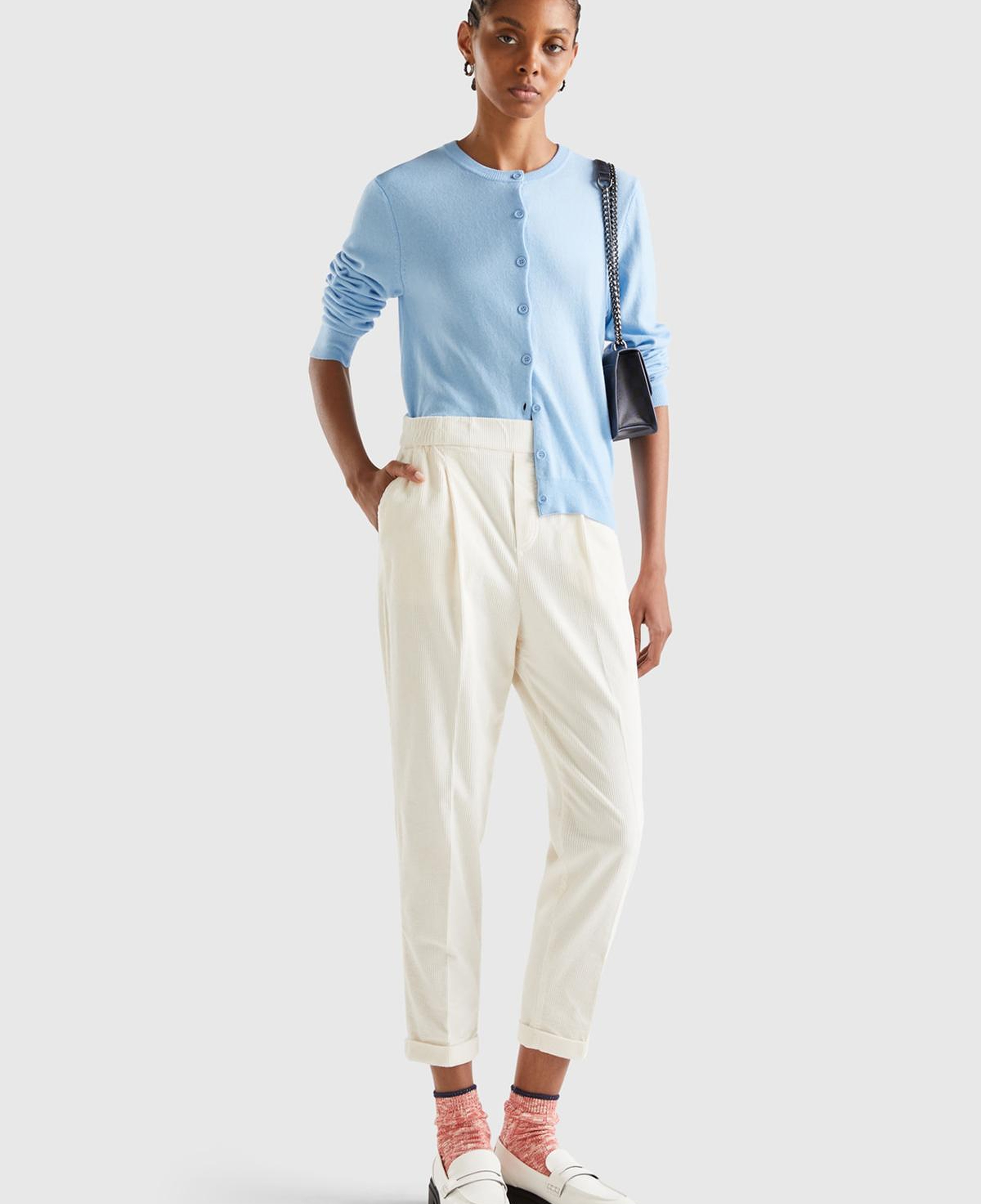 Kadın Krem Beli Lastikli Kadife Pantolon