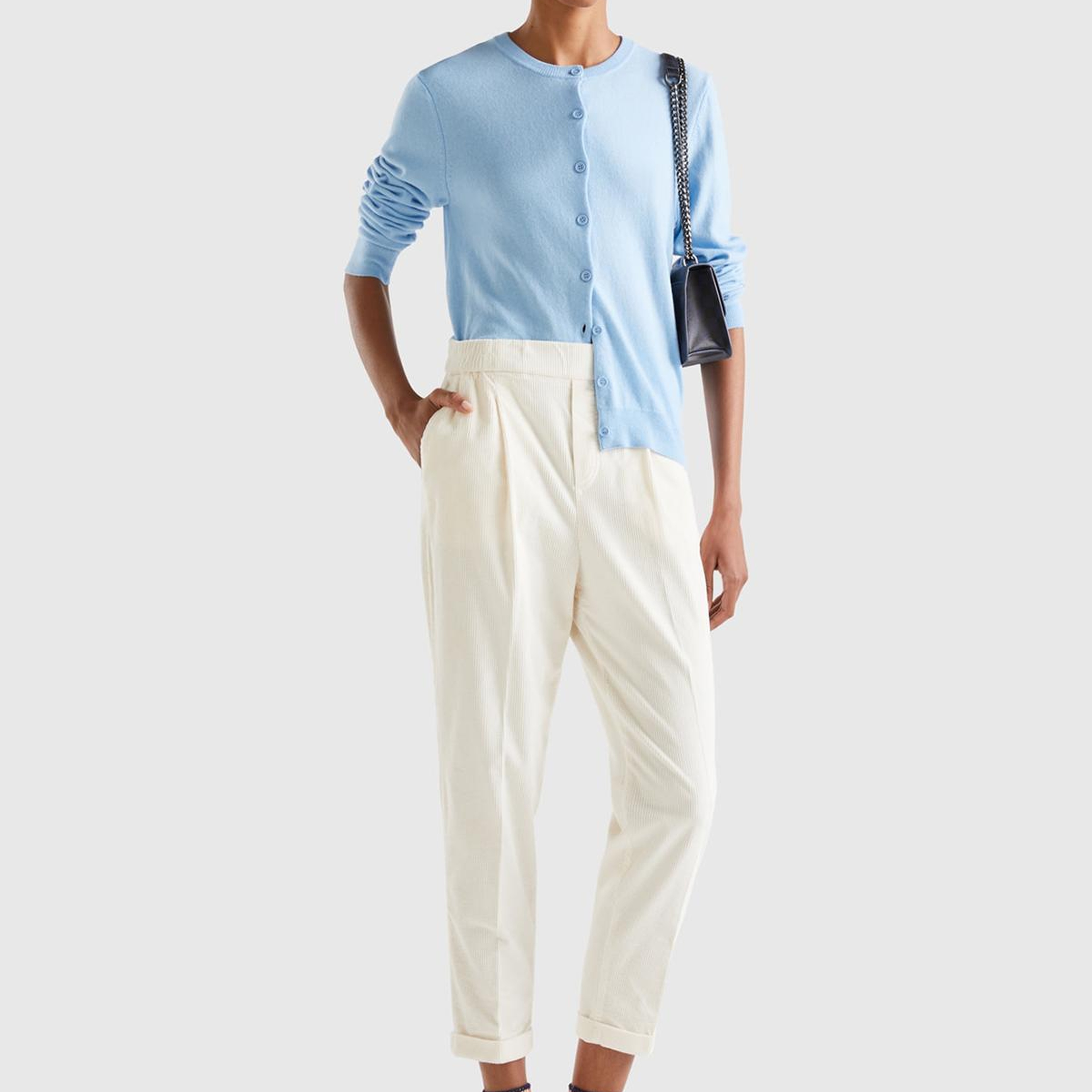 Kadın Krem Beli Lastikli Kadife Pantolon