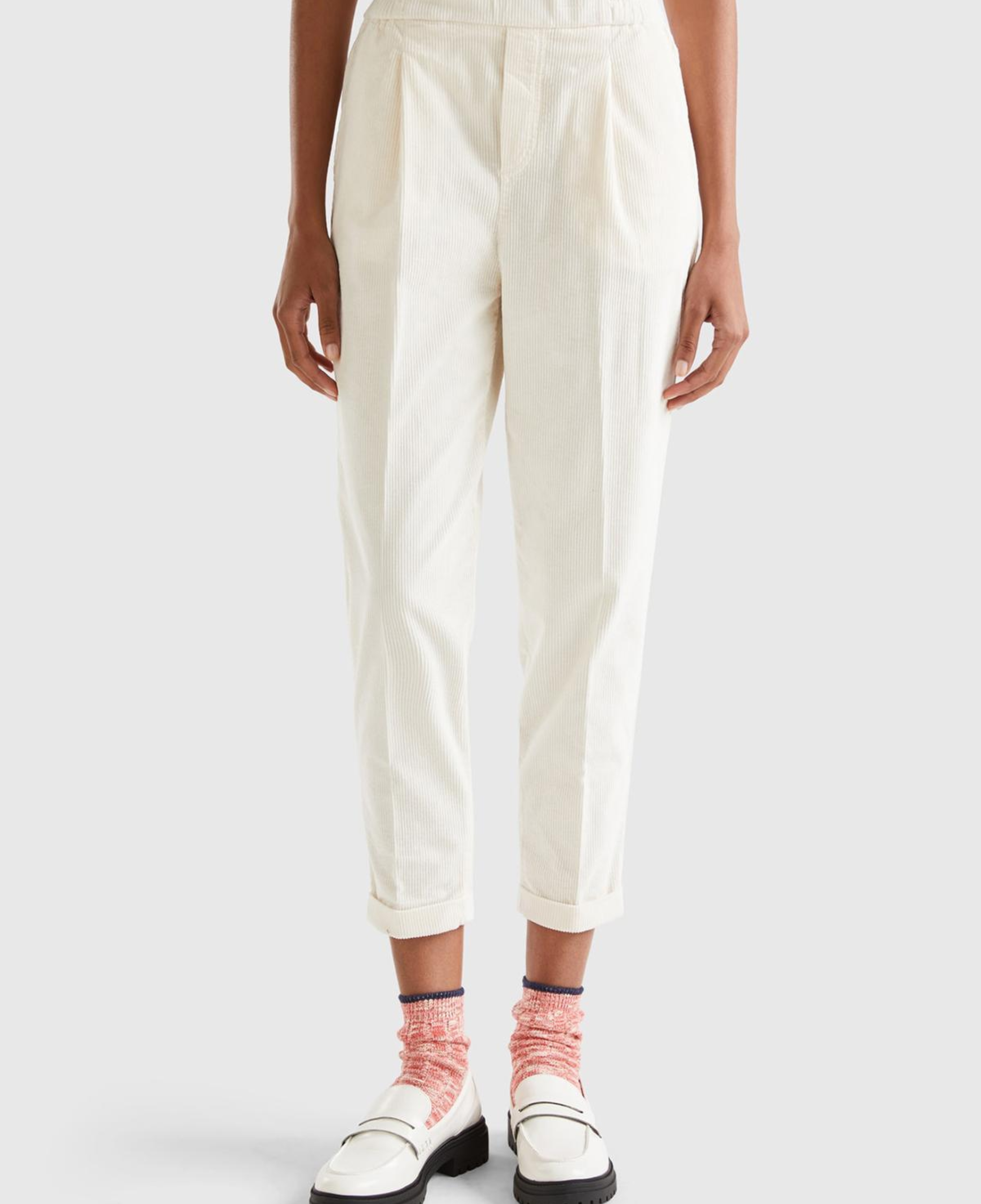 Kadın Krem Beli Lastikli Kadife Pantolon