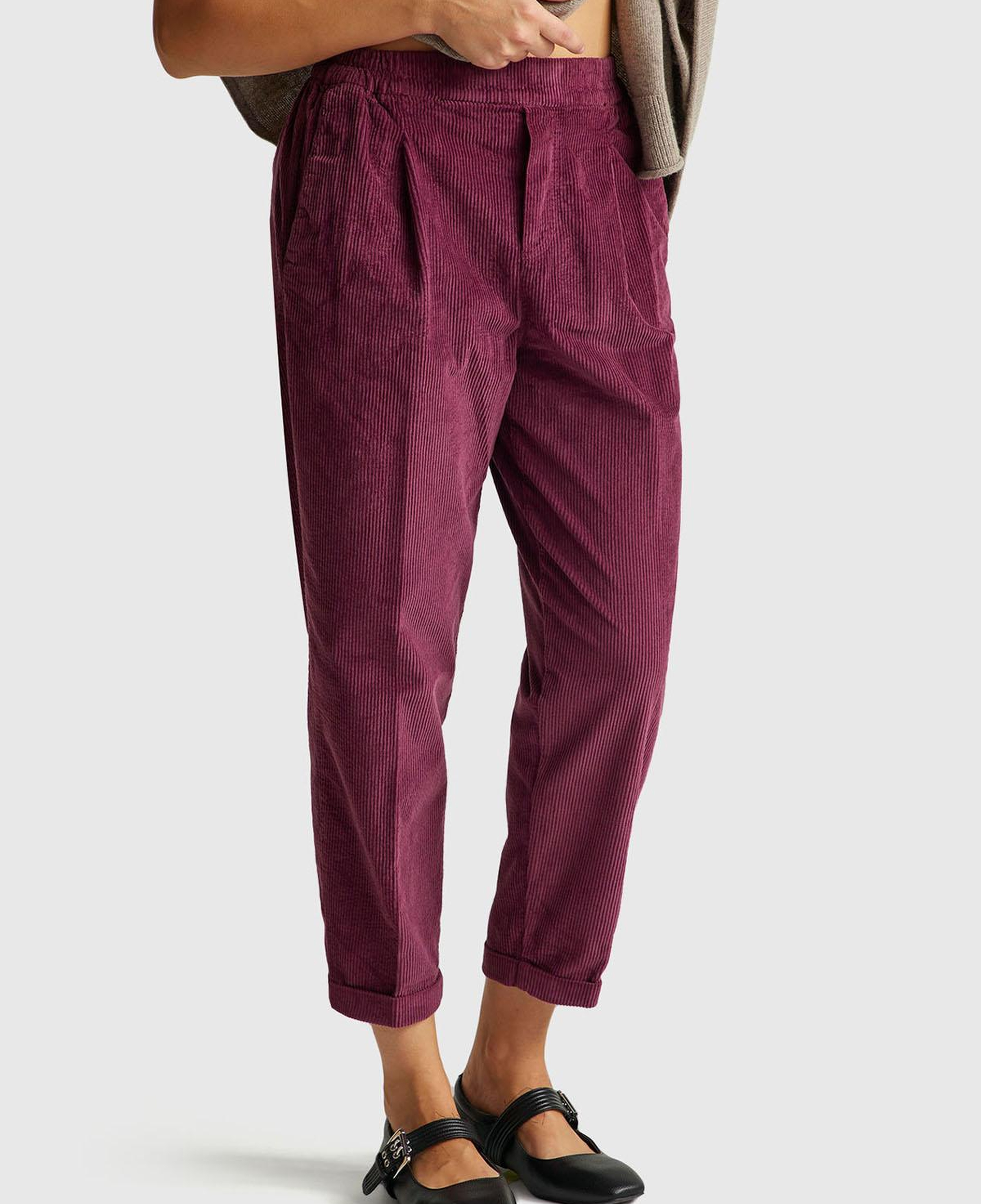 Kadın Mürdüm Beli Lastikli Kadife Pantolon