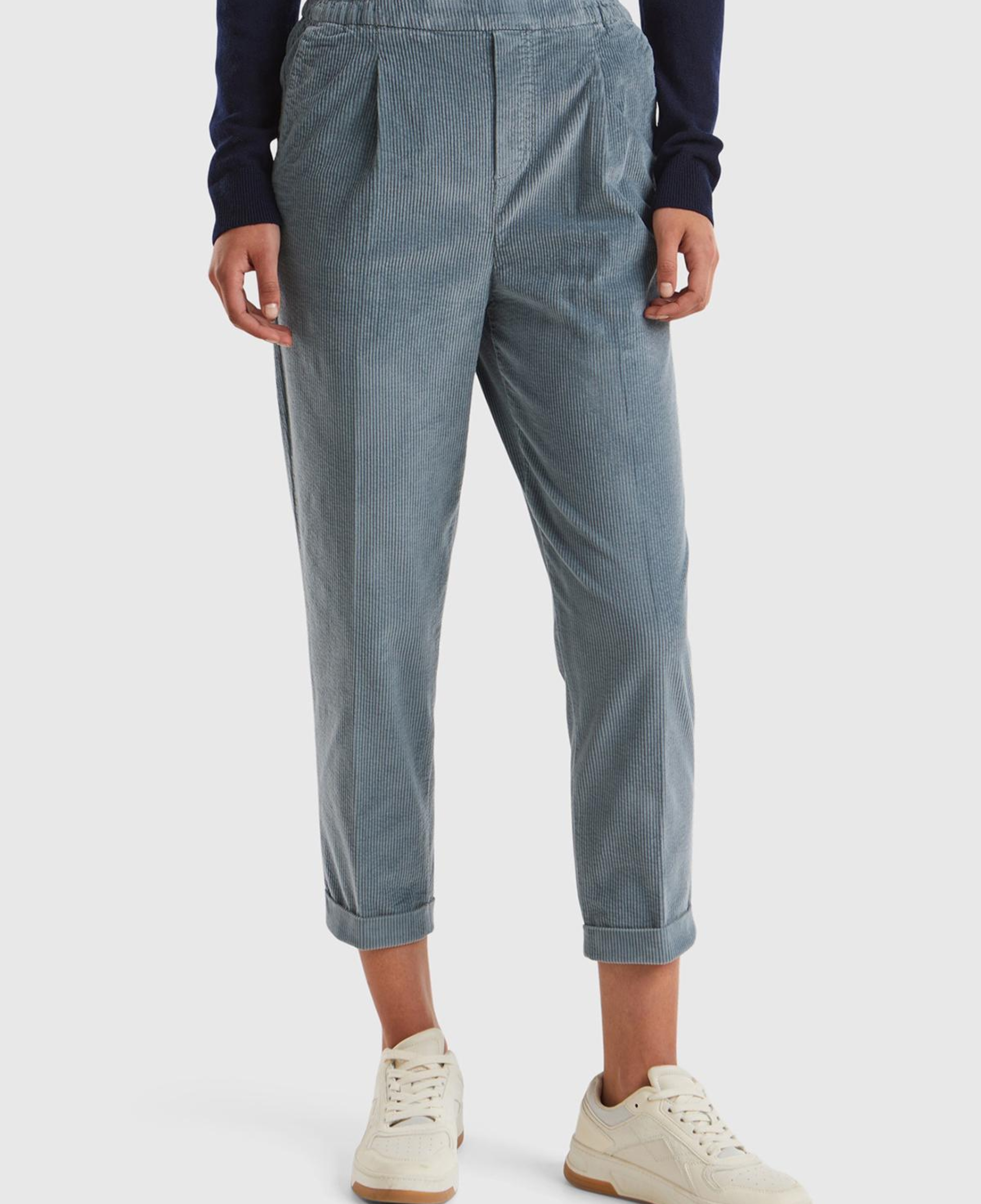 Kadın Koyu Mavi Beli Lastikli Kadife Pantolon