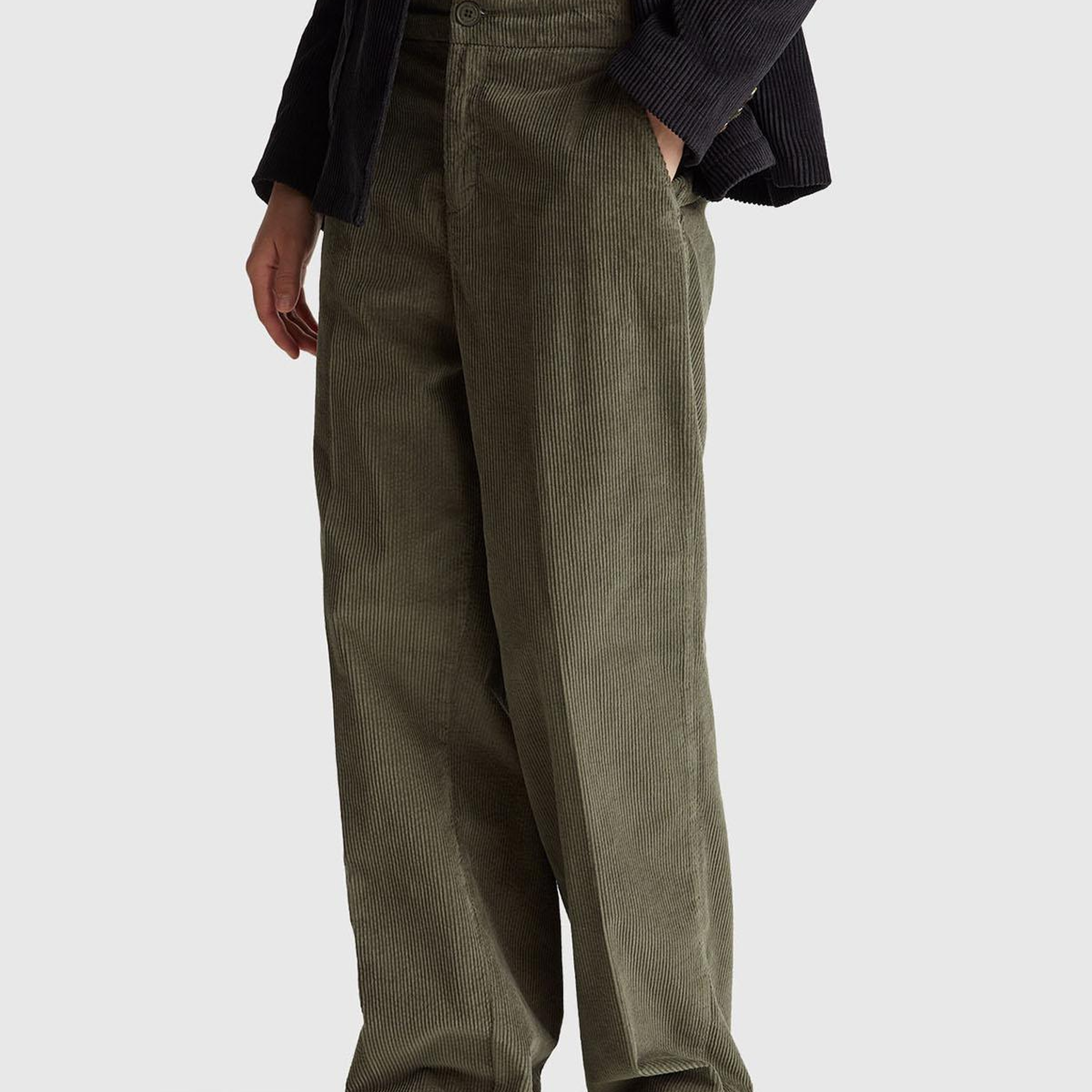 Kadın Haki Pamuk Karışımlı Arkası Lastikli Cepli Geniş Paça Kadife Pantolon