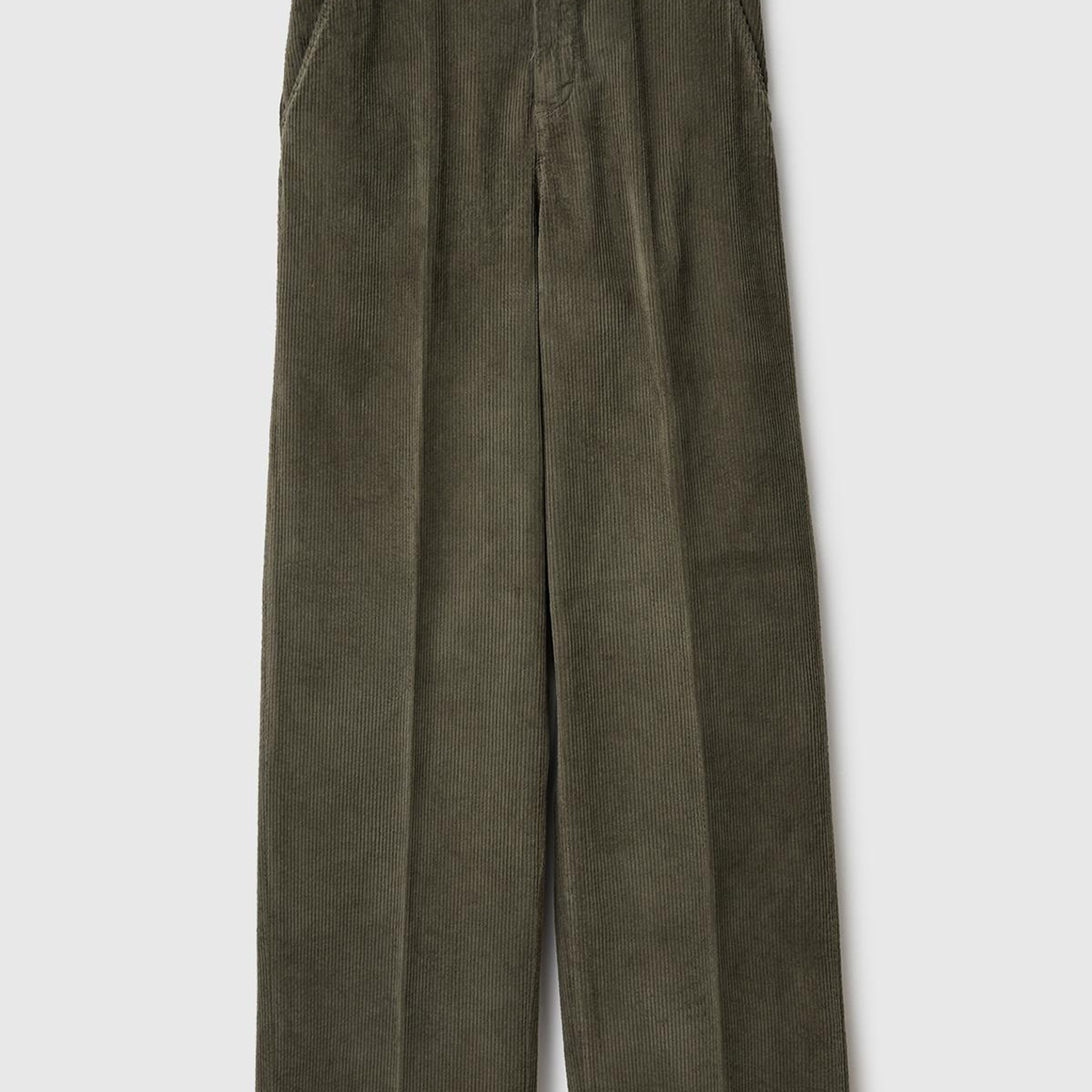 Kadın Haki Pamuk Karışımlı Arkası Lastikli Cepli Geniş Paça Kadife Pantolon