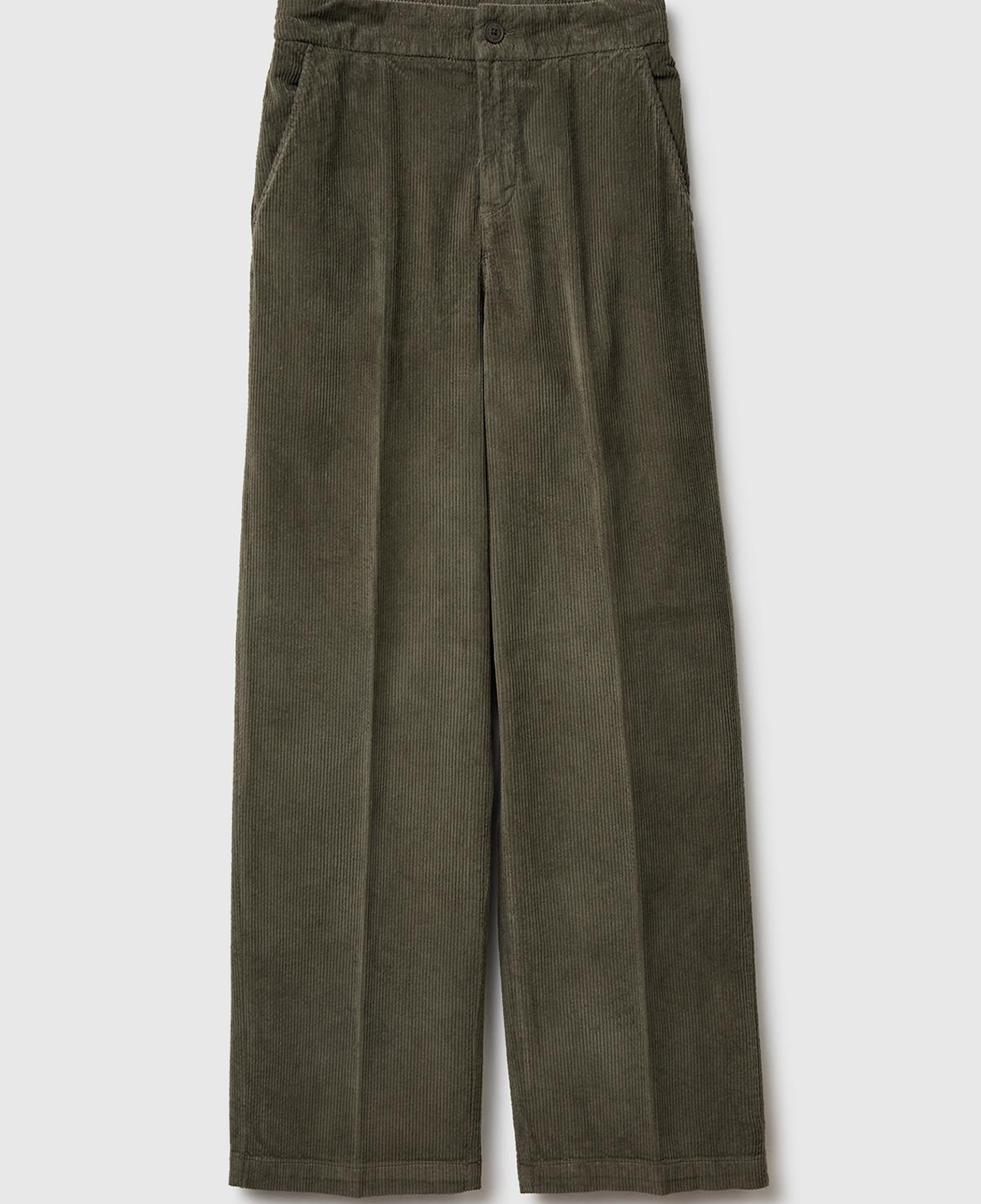 Kadın Haki Pamuk Karışımlı Arkası Lastikli Cepli Geniş Paça Kadife Pantolon