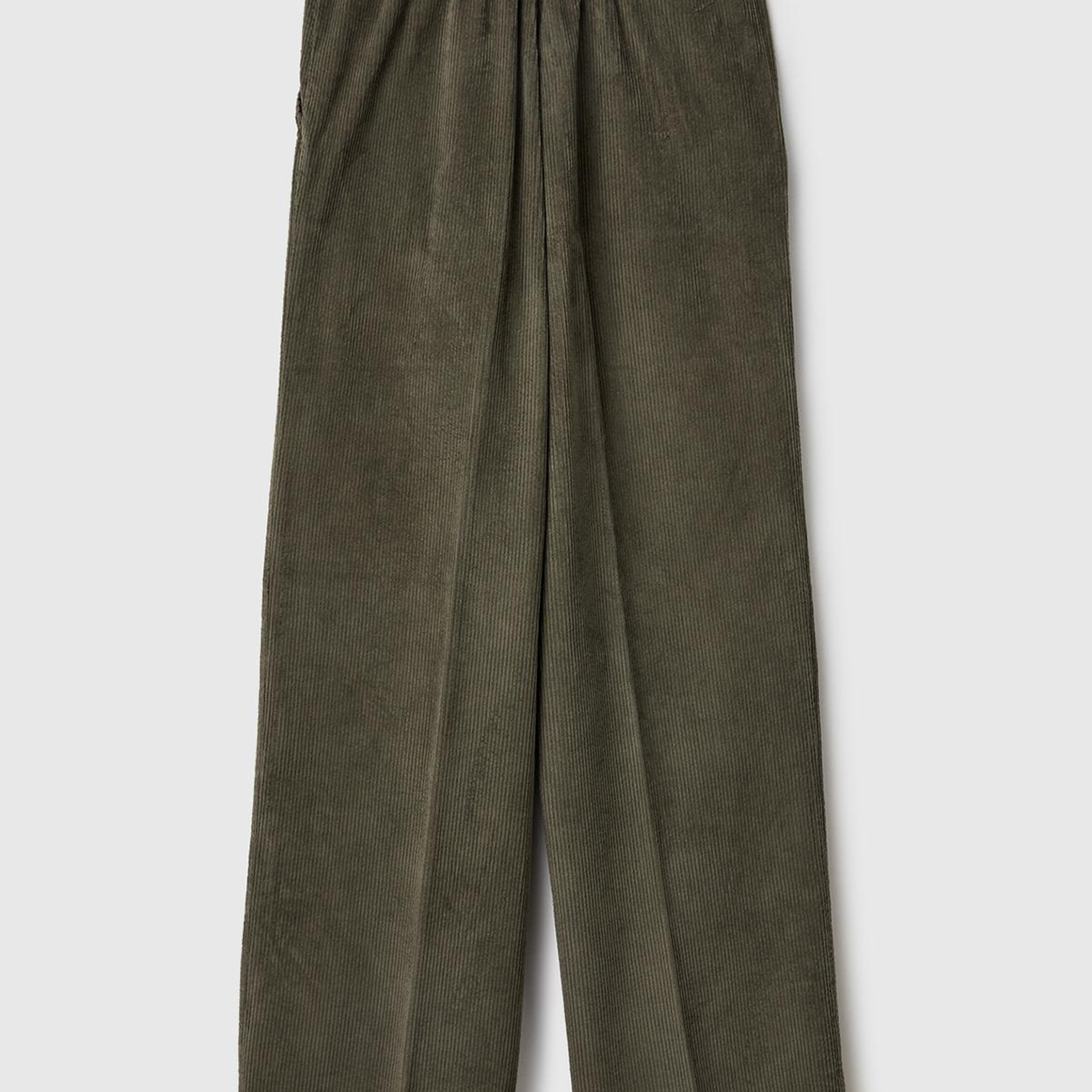 Kadın Haki Pamuk Karışımlı Arkası Lastikli Cepli Geniş Paça Kadife Pantolon