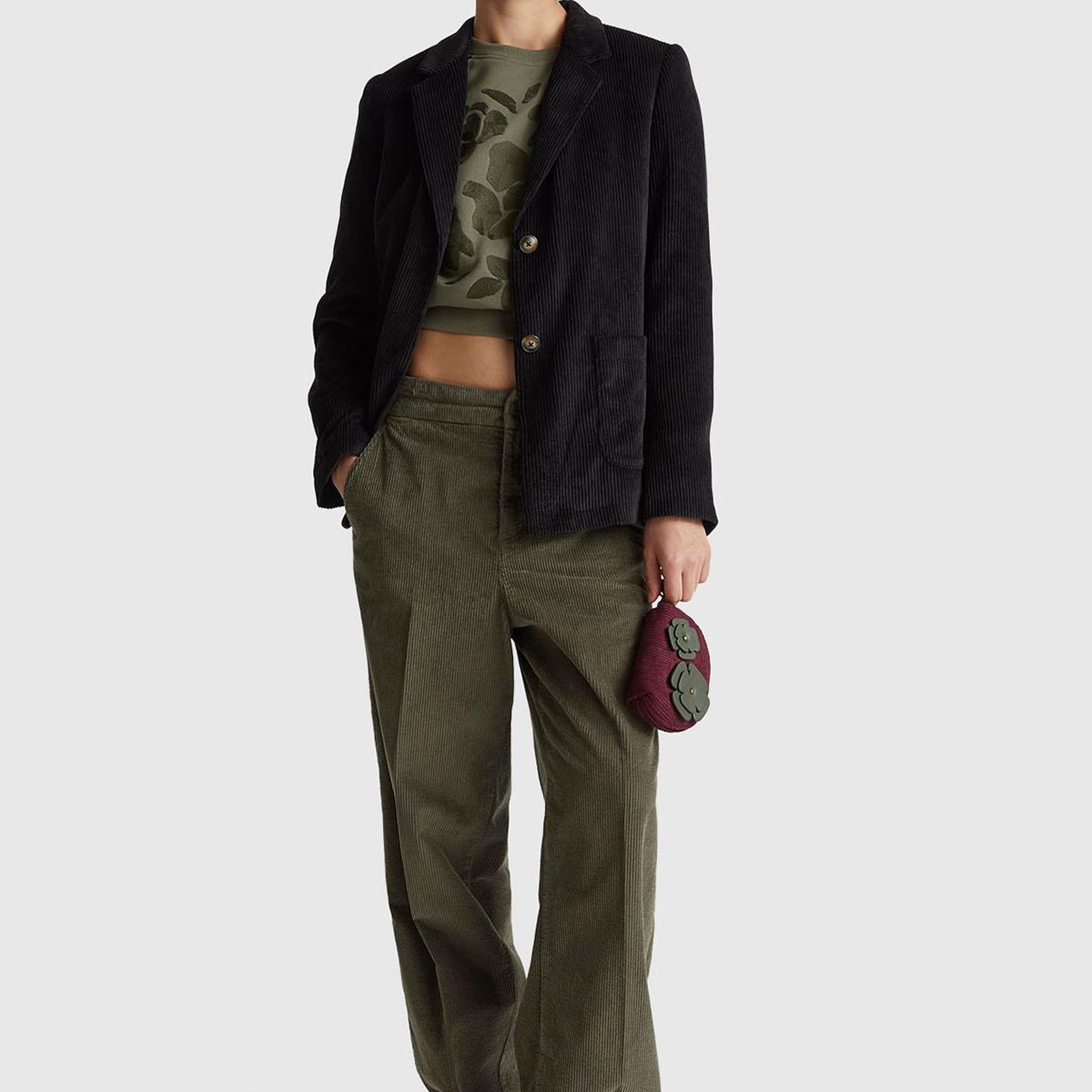 Kadın Haki Pamuk Karışımlı Arkası Lastikli Cepli Geniş Paça Kadife Pantolon