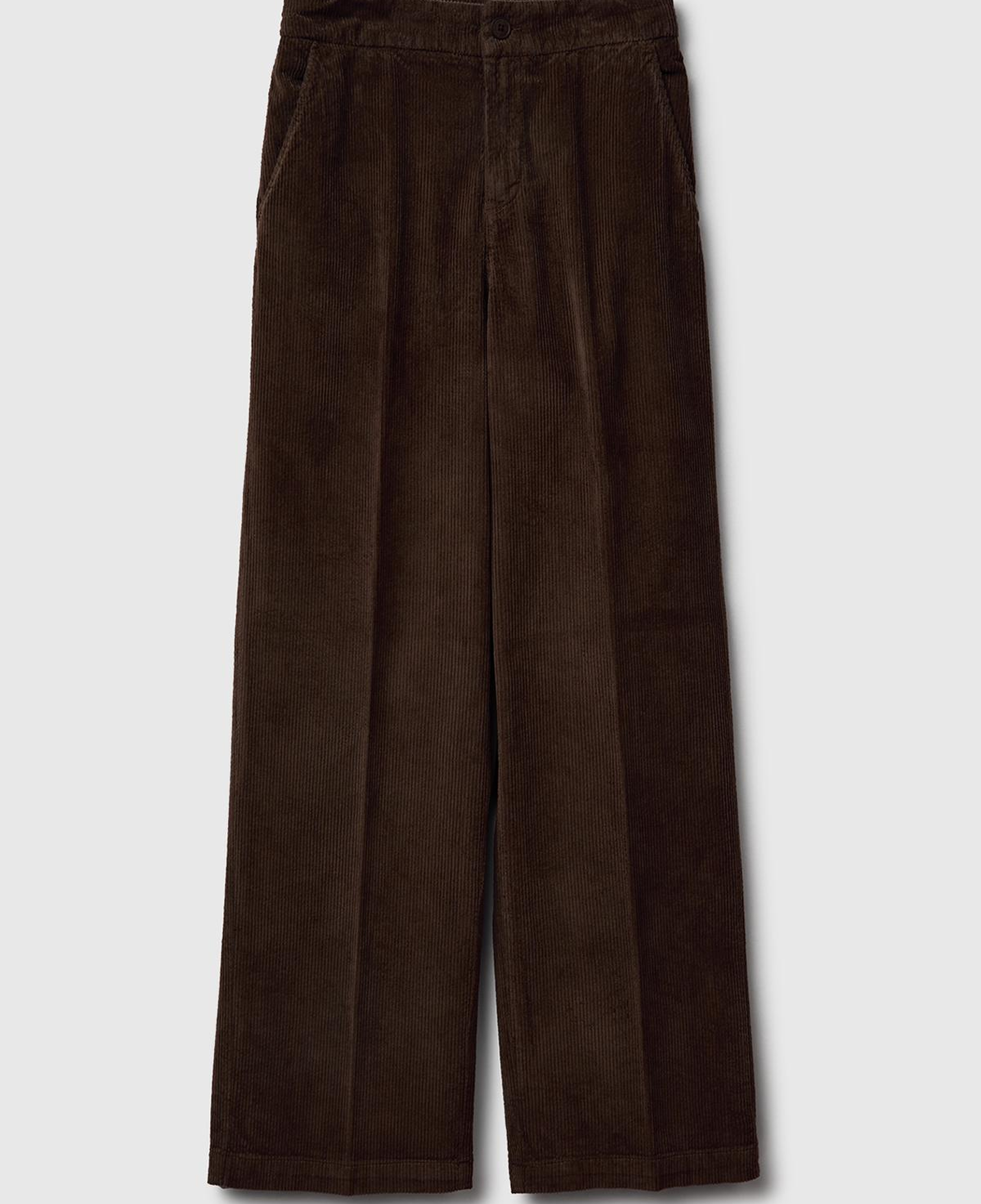 Kadın Koyu Kahverengi Pamuk Karışımlı Arkası Lastikli Cepli Geniş Paça Kadife Pantolon