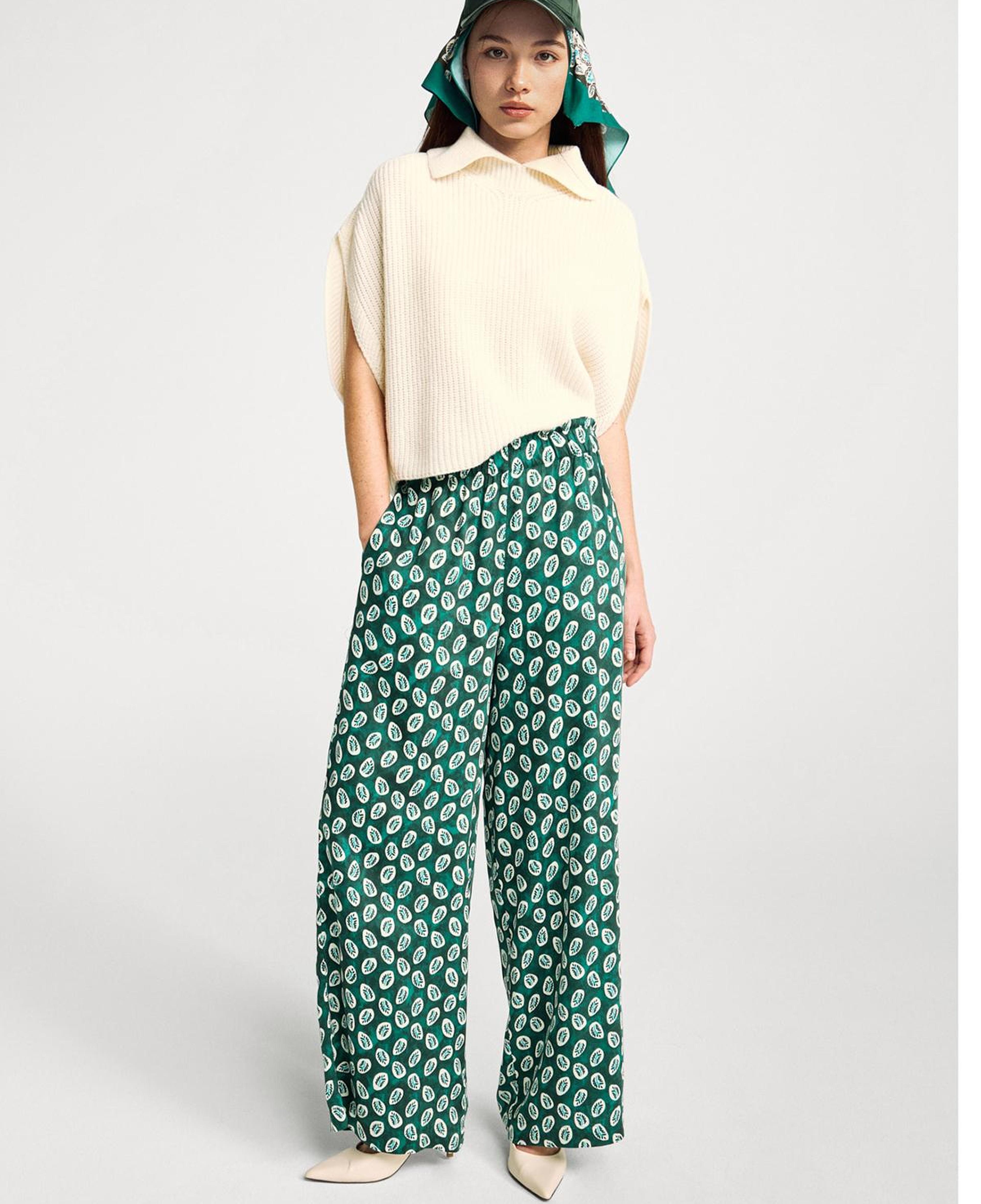 Kadın Yeşil %100 Viskon Rahat Kesim Beli Lastikli Cepli Pantolon