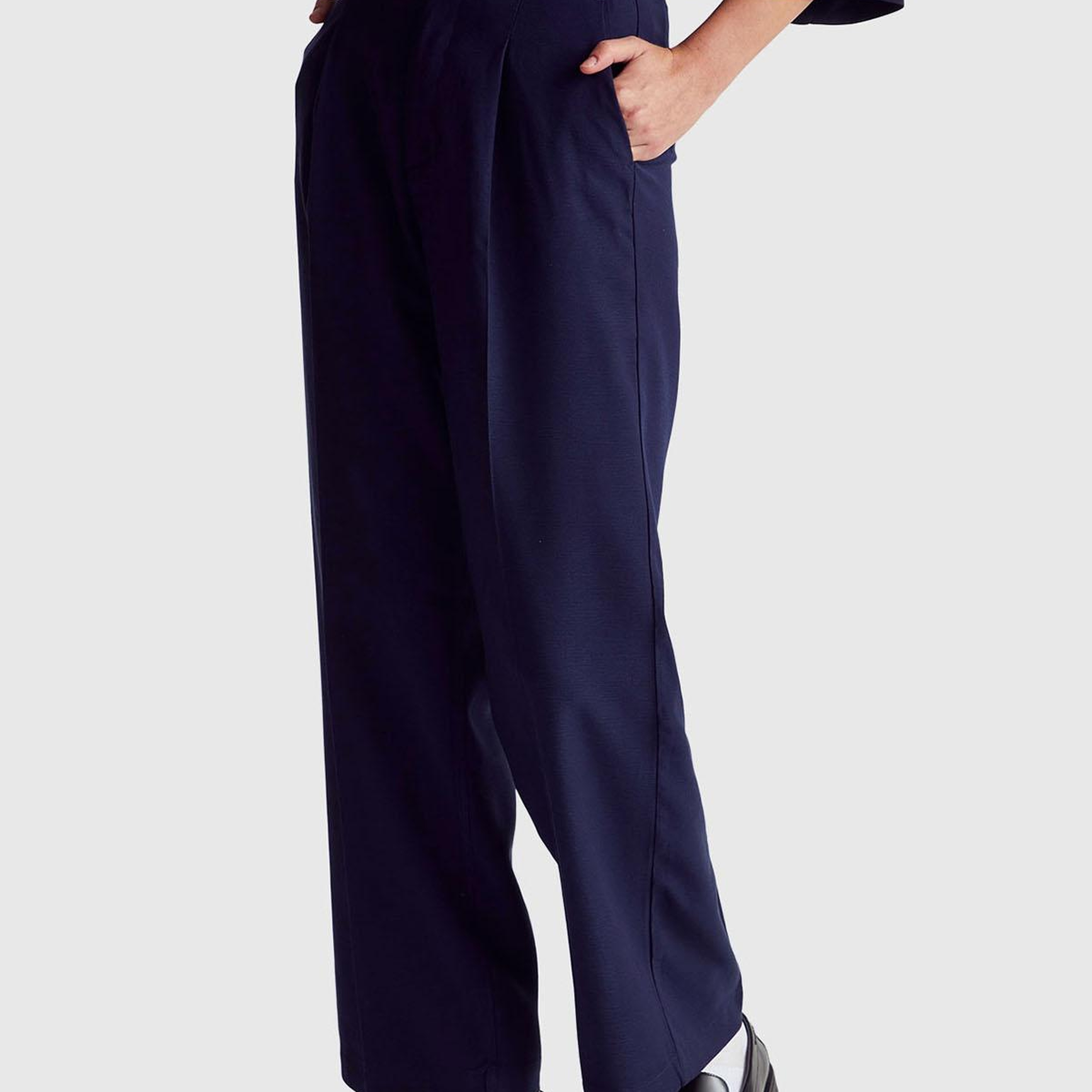 Kadın Lacivert Viskoz Karışımlı Arka Cep Detaylı Geniş Paça Pantolon