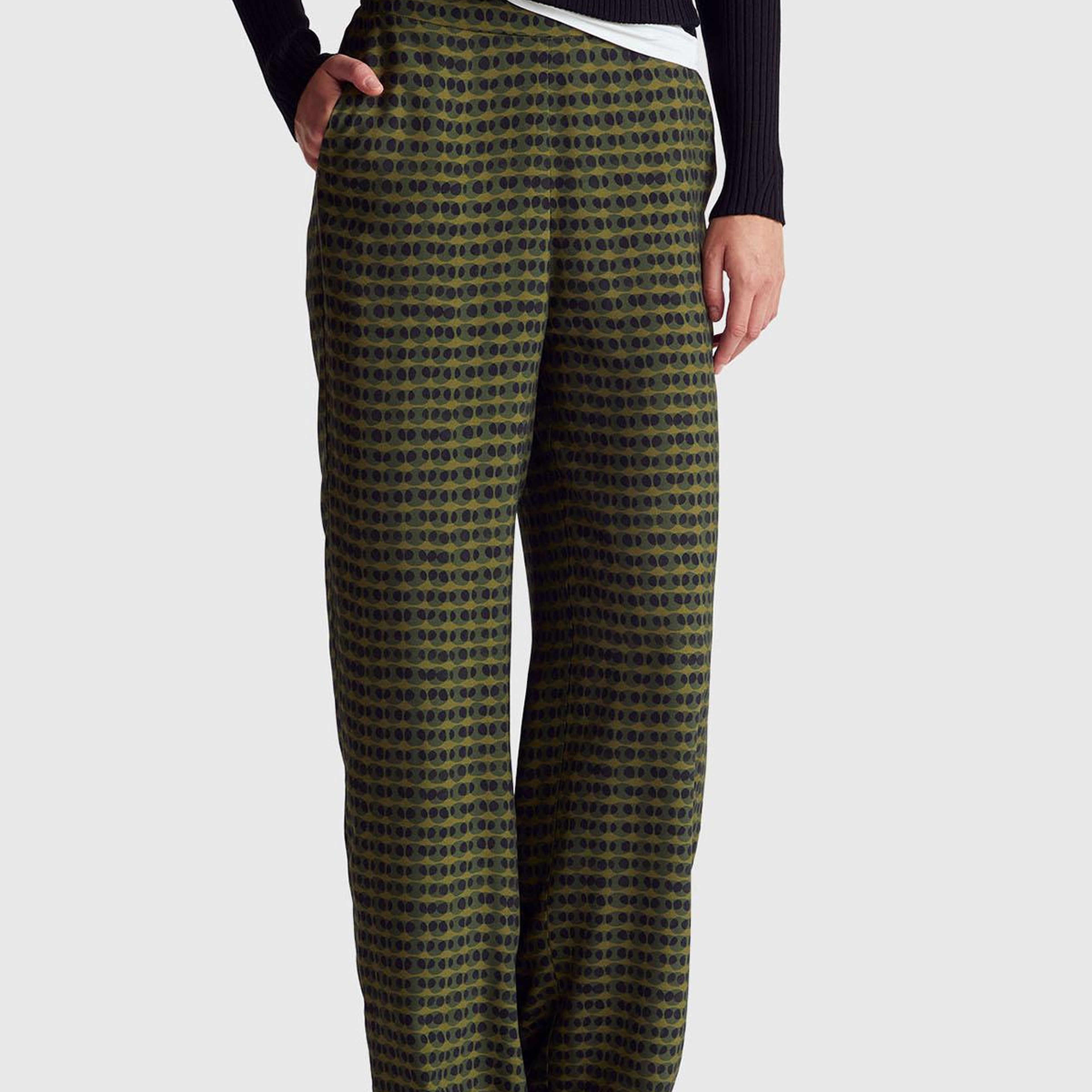 Kadın Koyu Yeşil %100 Viskoz Tamamı Desenli Beli Lastikli Pantolon