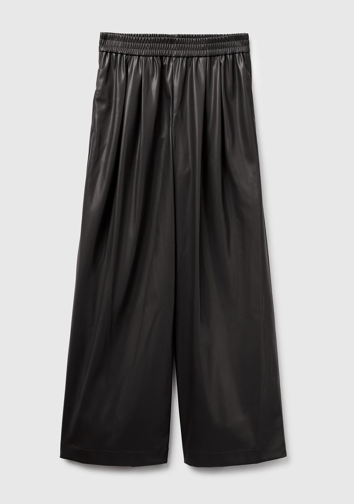 Kadın Siyah Beli Lastikli Büzgülü Geniş Paça Pantolon