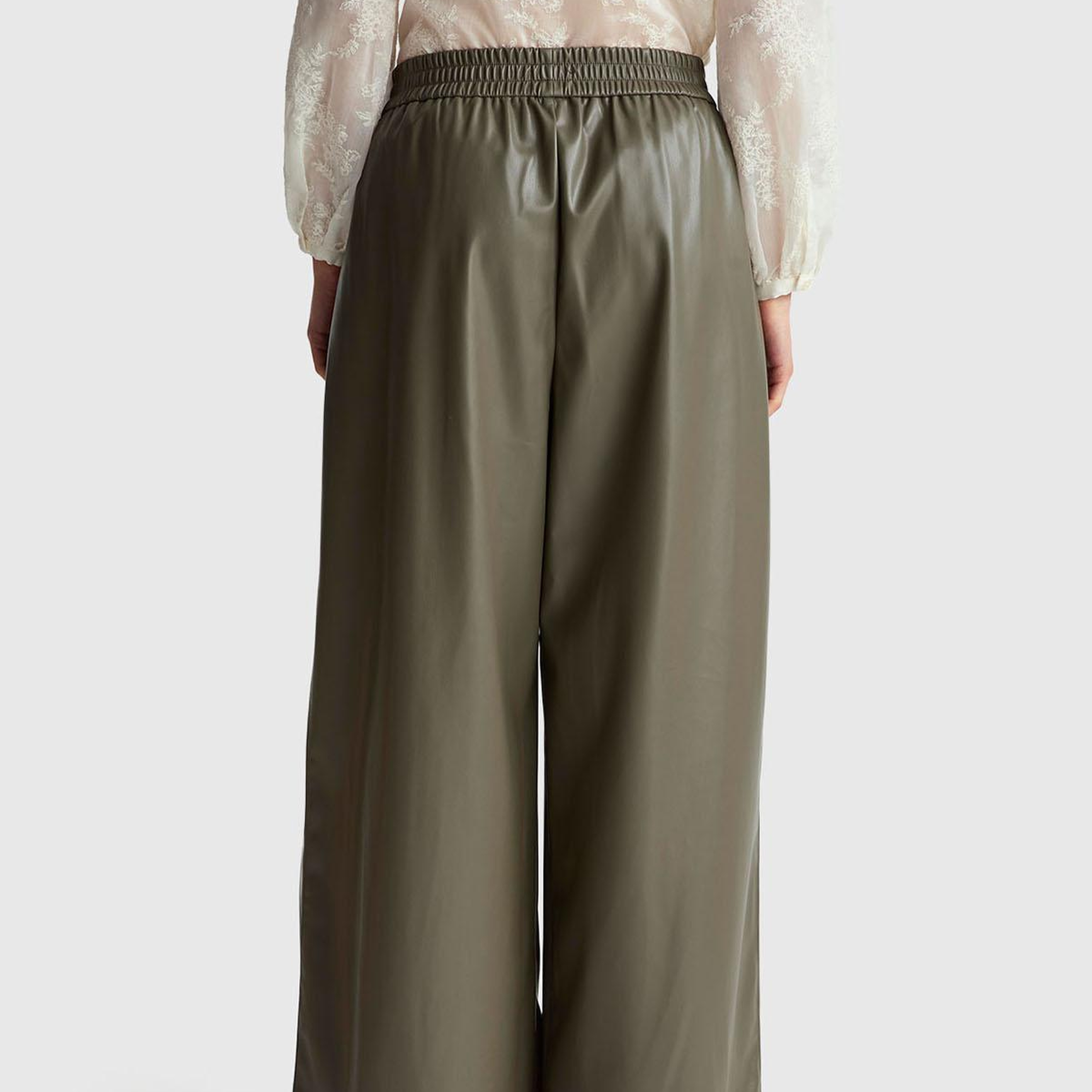 Kadın Haki Beli Lastikli Büzgülü Geniş Paça Pantolon
