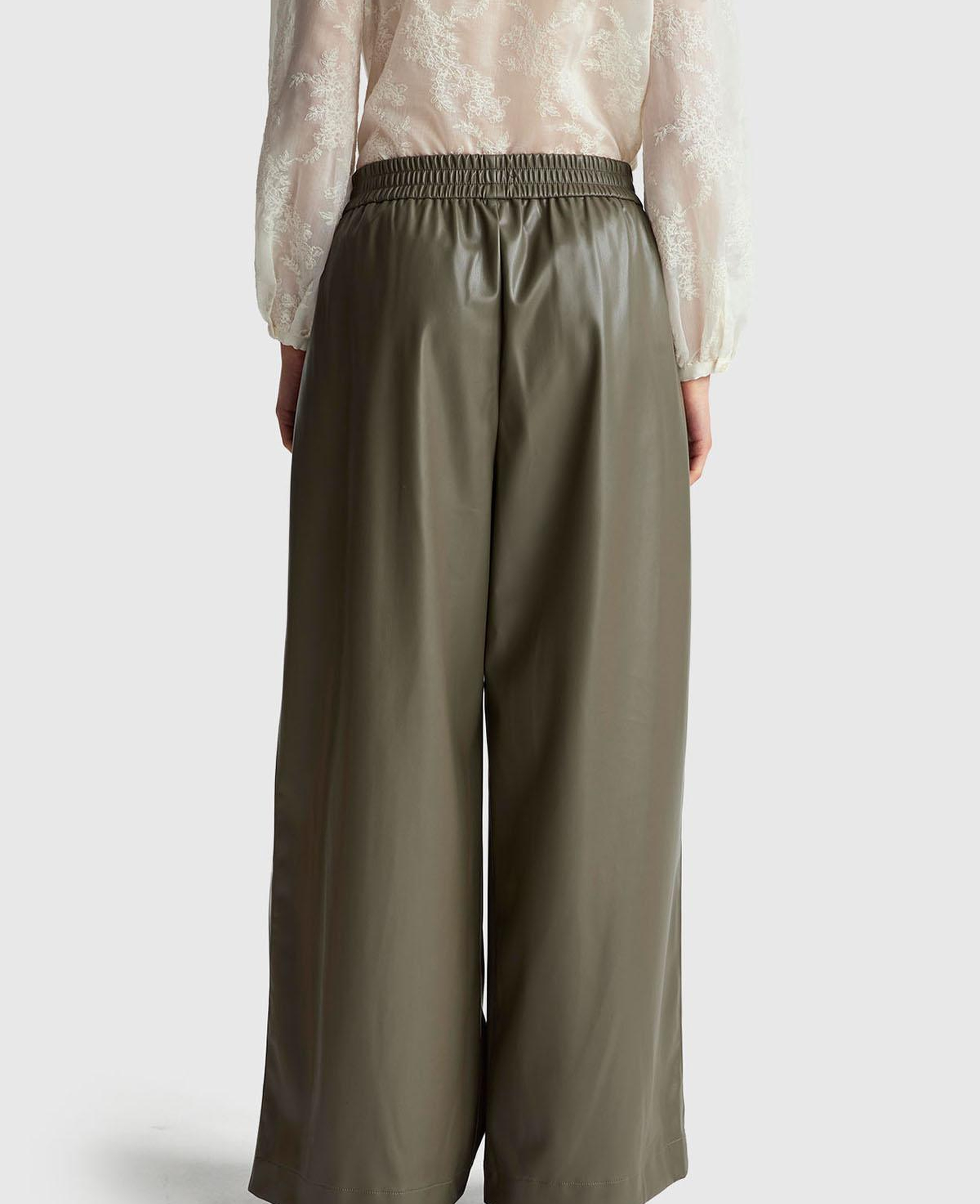 Kadın Haki Beli Lastikli Büzgülü Geniş Paça Pantolon