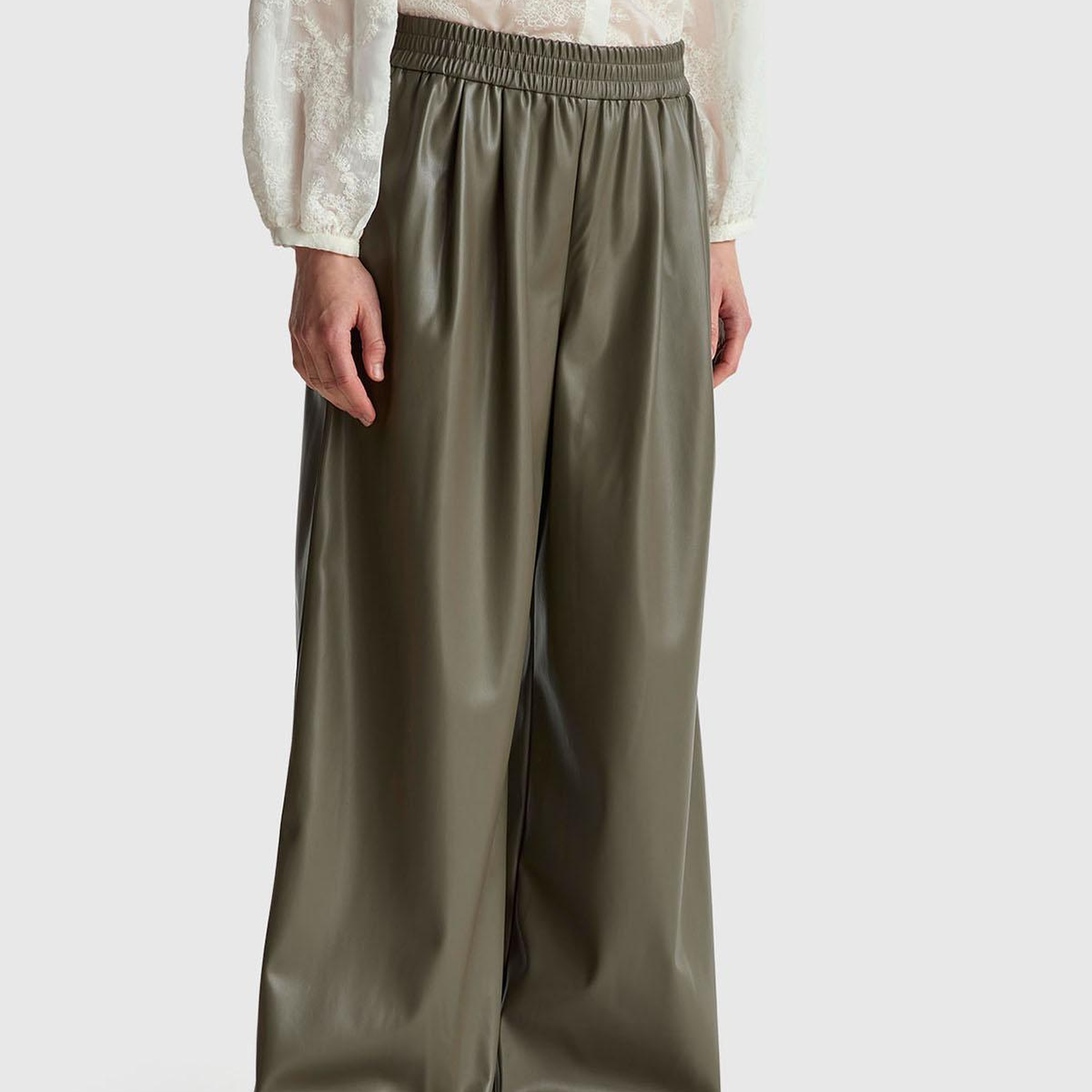 Kadın Haki Beli Lastikli Büzgülü Geniş Paça Pantolon