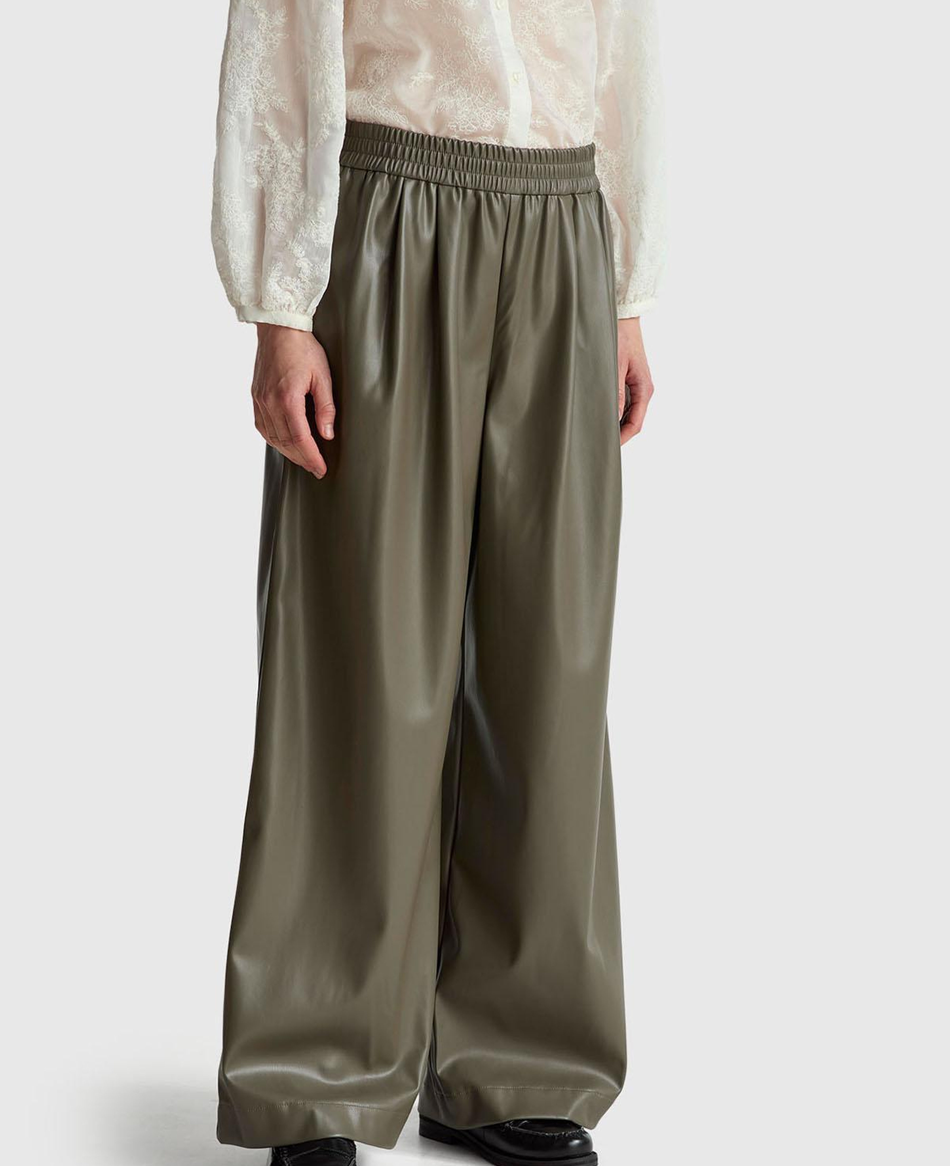 Kadın Haki Beli Lastikli Büzgülü Geniş Paça Pantolon