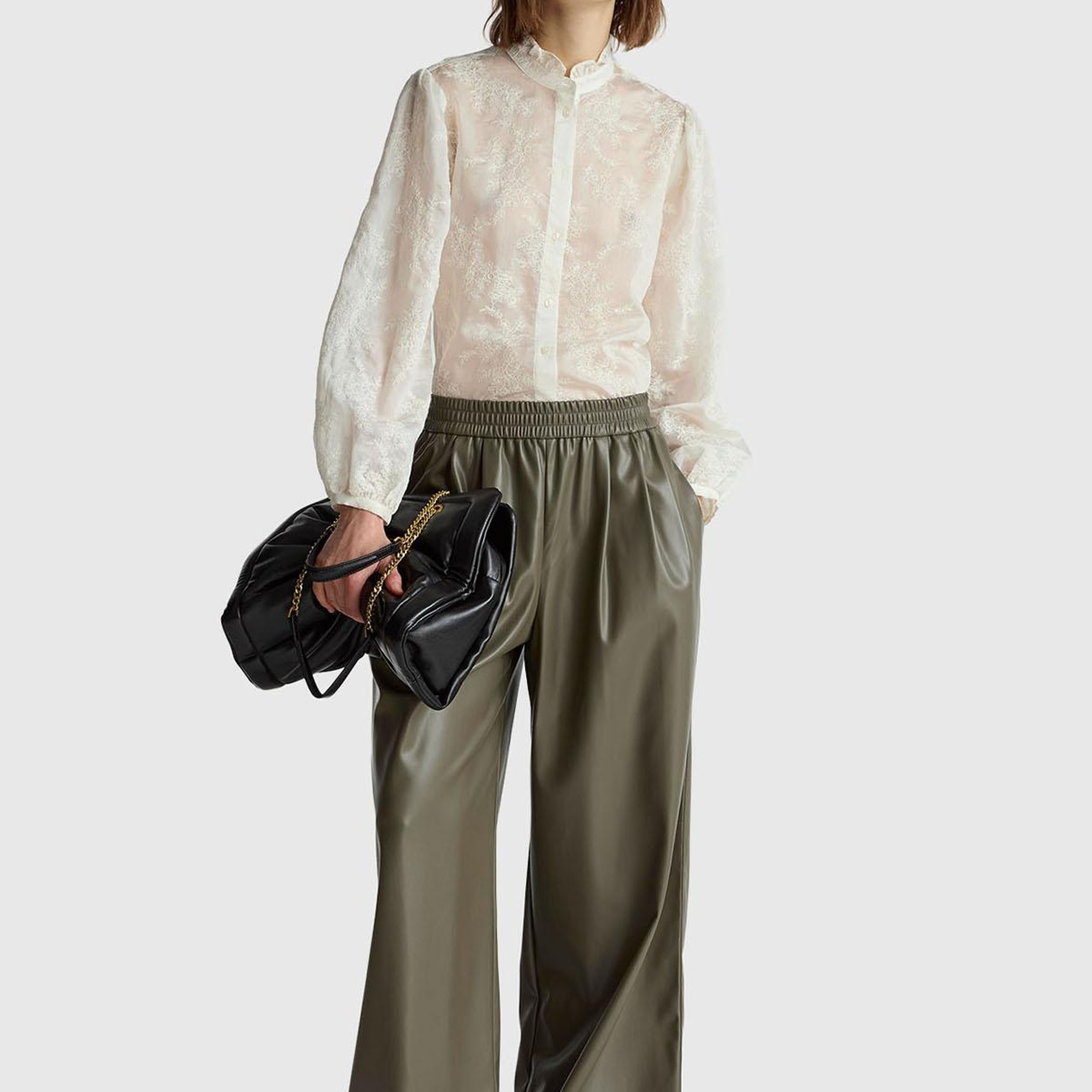 Kadın Haki Beli Lastikli Büzgülü Geniş Paça Pantolon