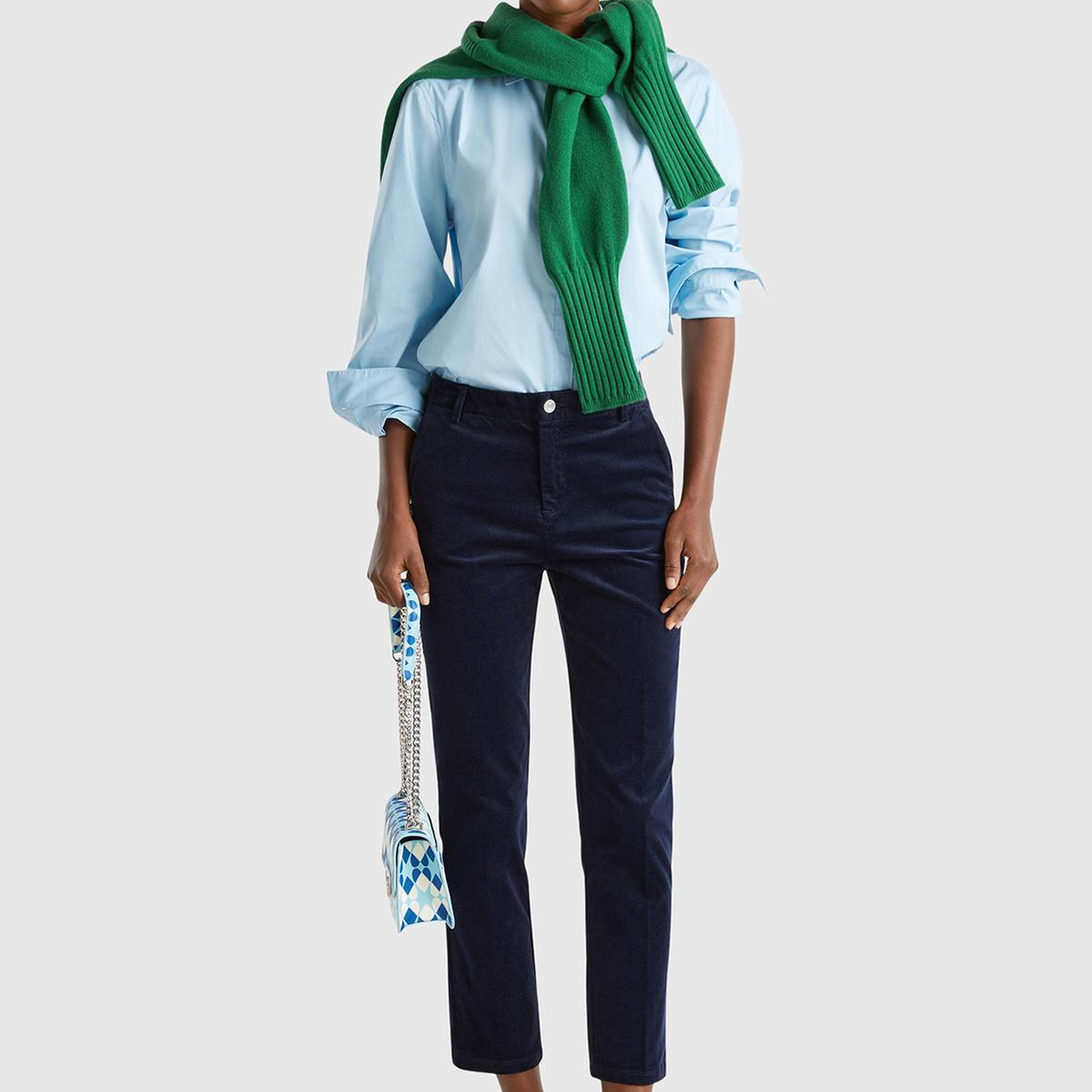 Kadın Lacivert Pamuk ve Modal Karışımlı Önü Cepli Kadife Chino Pantolon