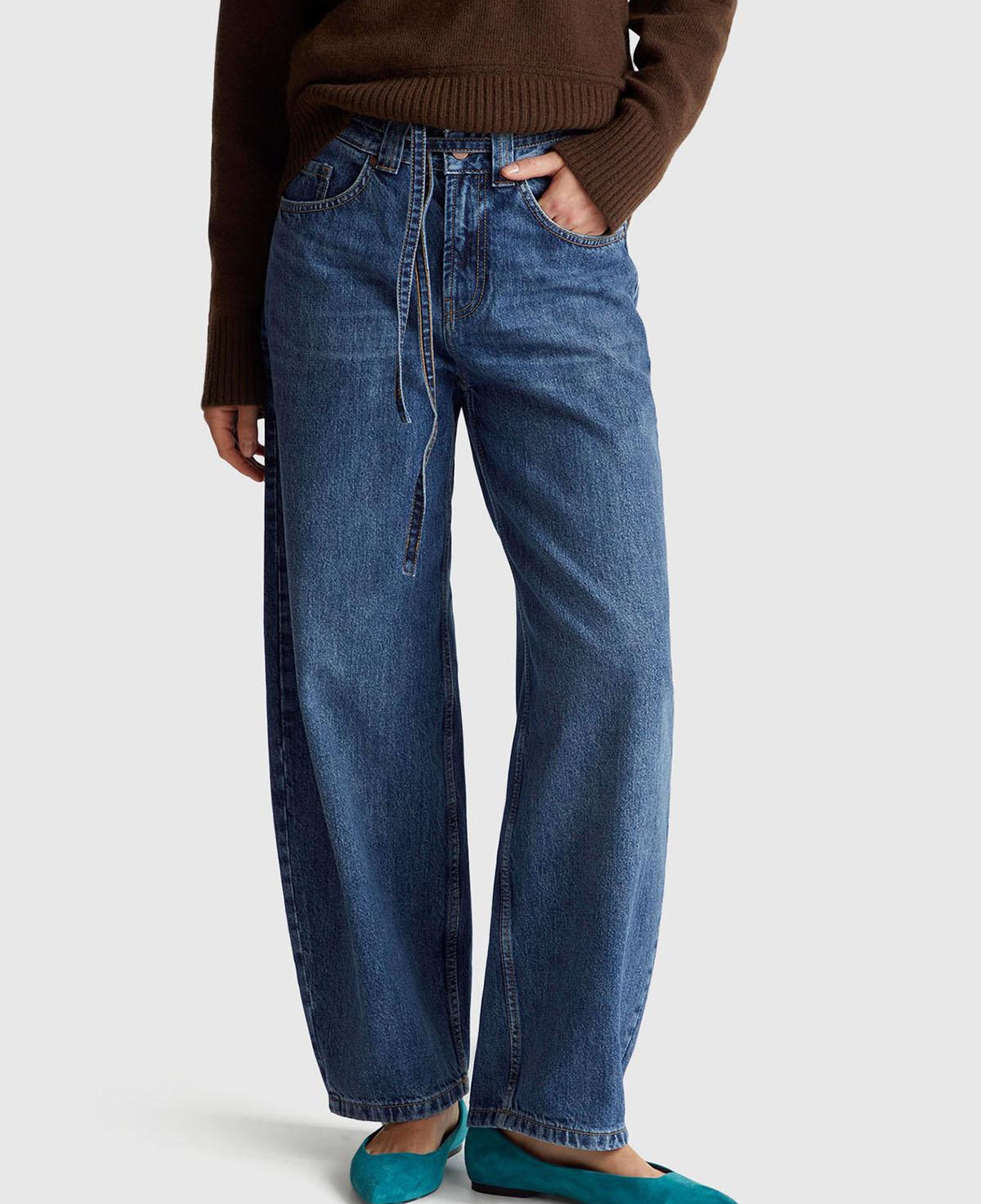 Kadın Koyu Mavi %100 Pamuk Bağcık Detaylı Denim Pantolon