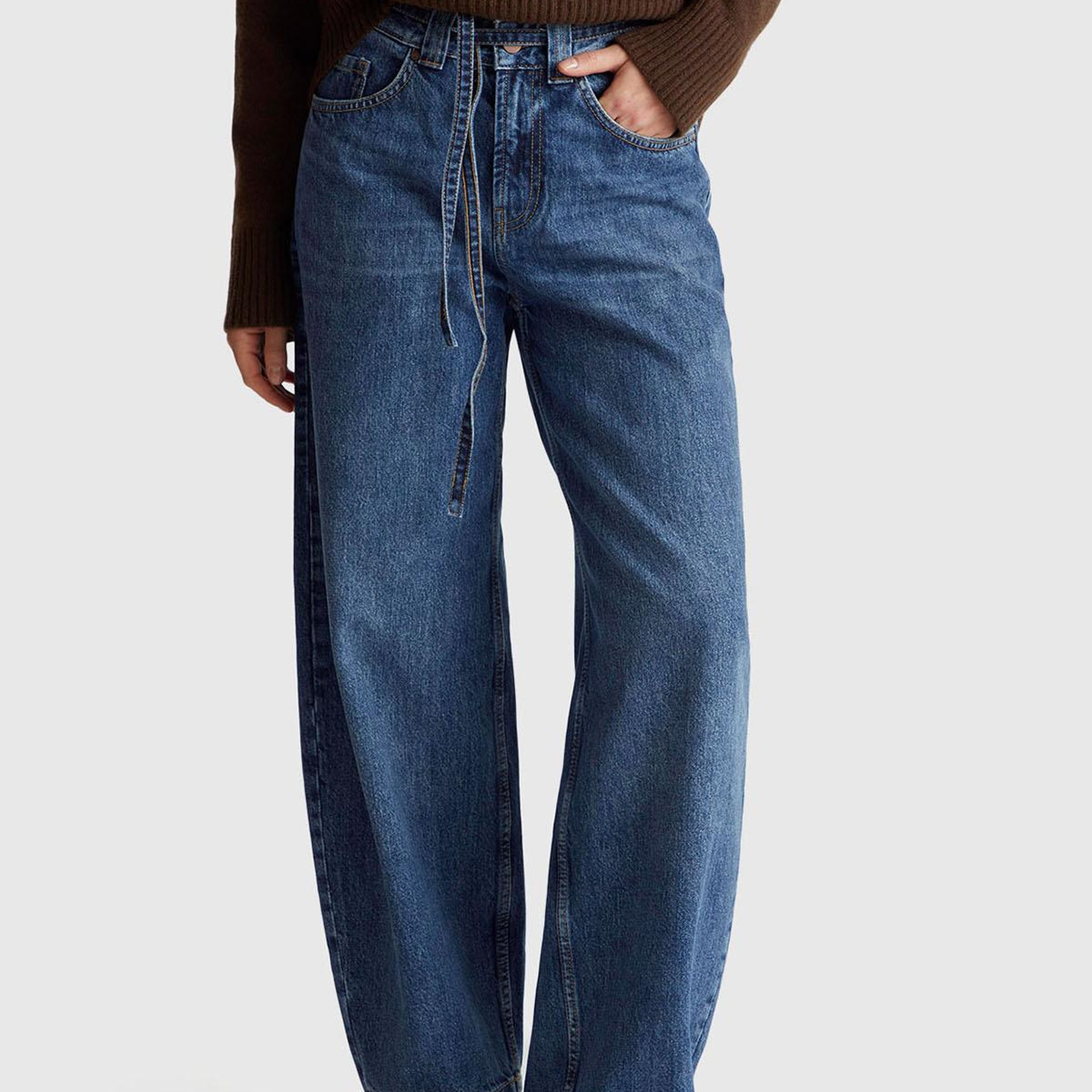 Kadın Koyu Mavi %100 Pamuk Bağcık Detaylı Denim Pantolon