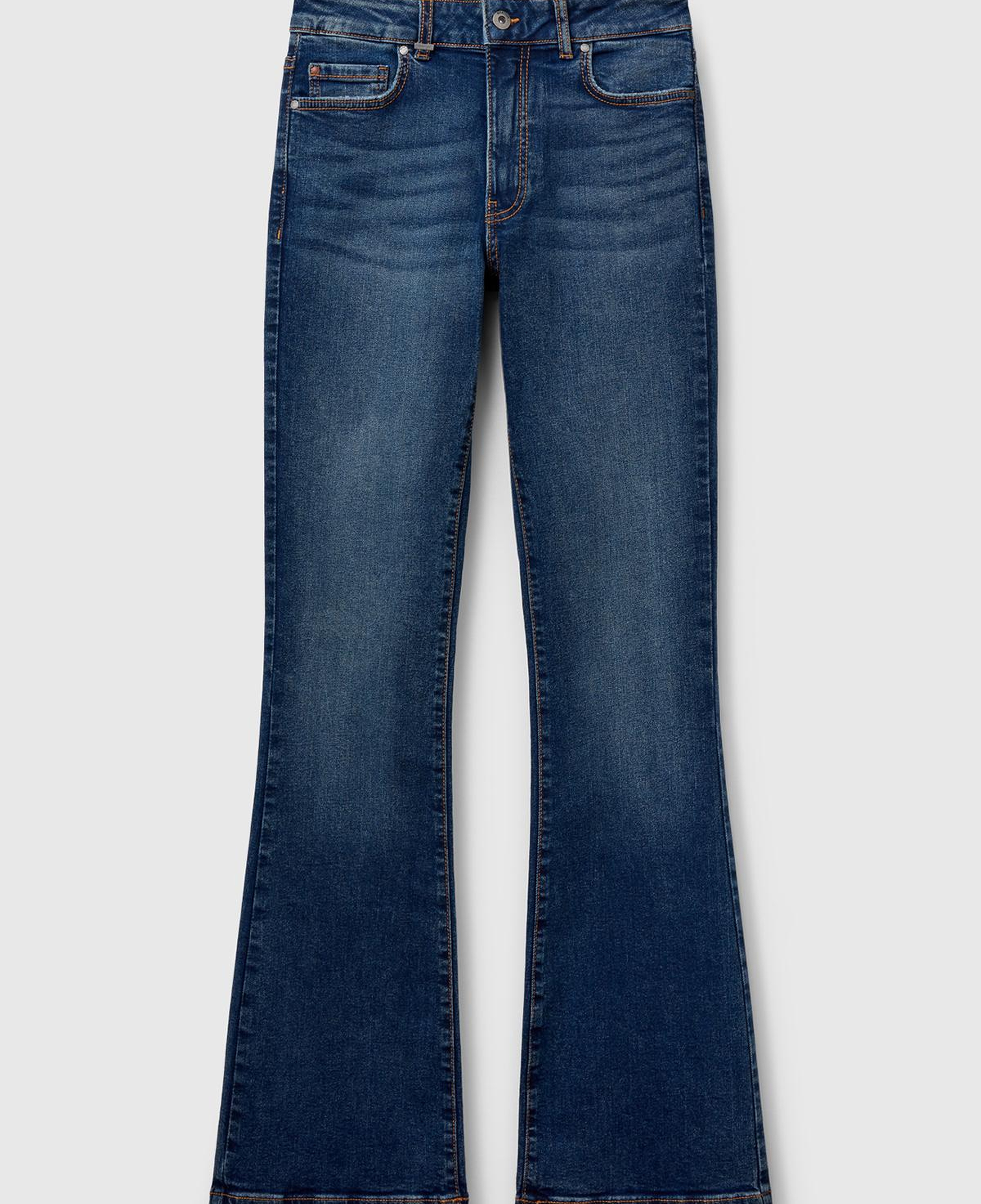 Kadın Koyu Mavi Streç Pamuklu Cepli Normal Bel İspanyol Paça Denim Pantolon