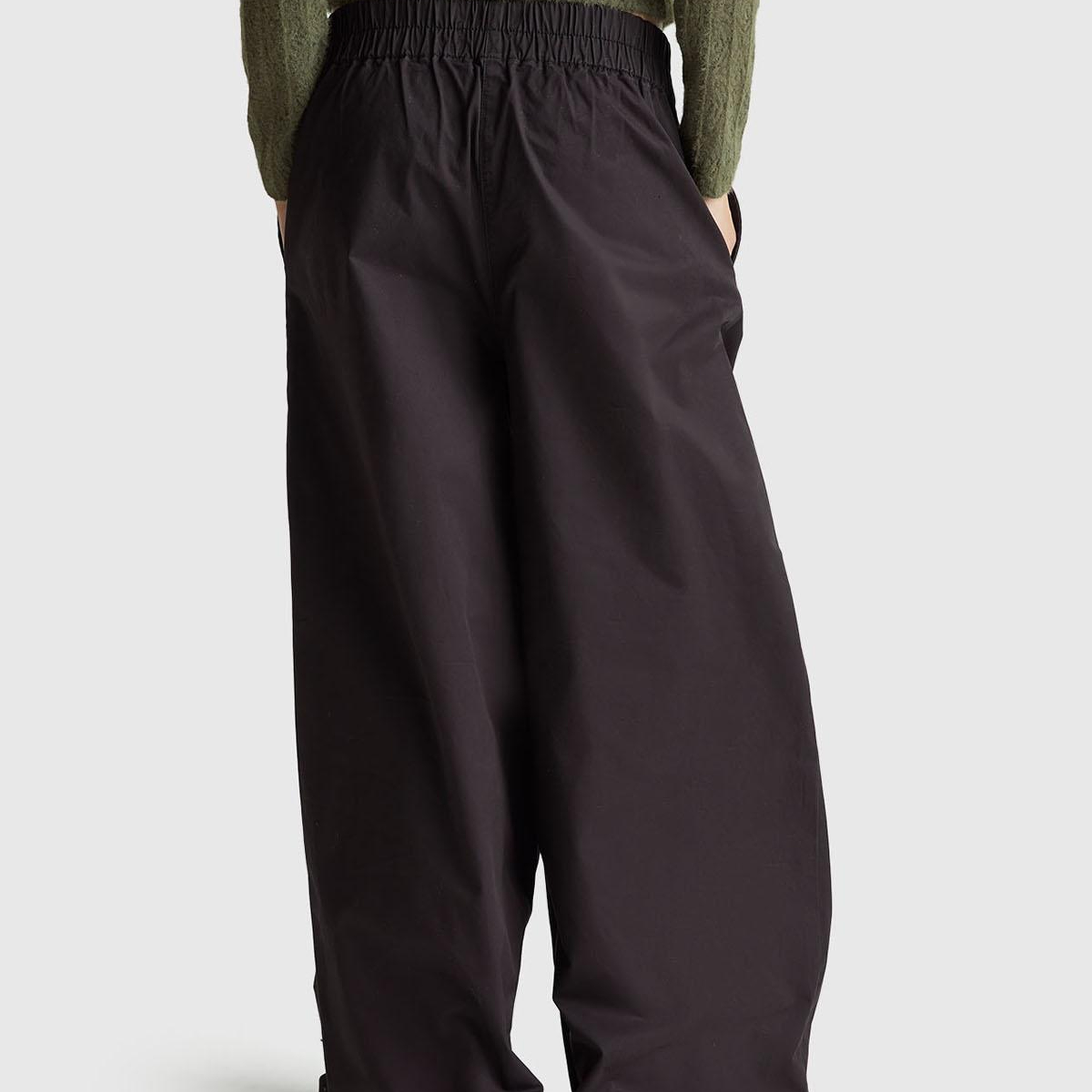 Kadın Siyah %100 Pamuk Beli Lastikli Geniş Paça Pantolon